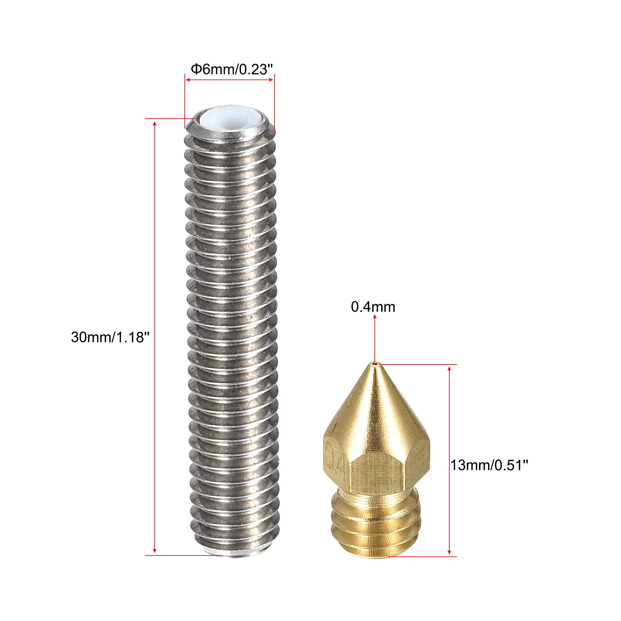 Uxcell 5pcs M6 Throat Tube, 5pcs Extruder Brass Nozzle, for 3D Printer 1.75mm Filament