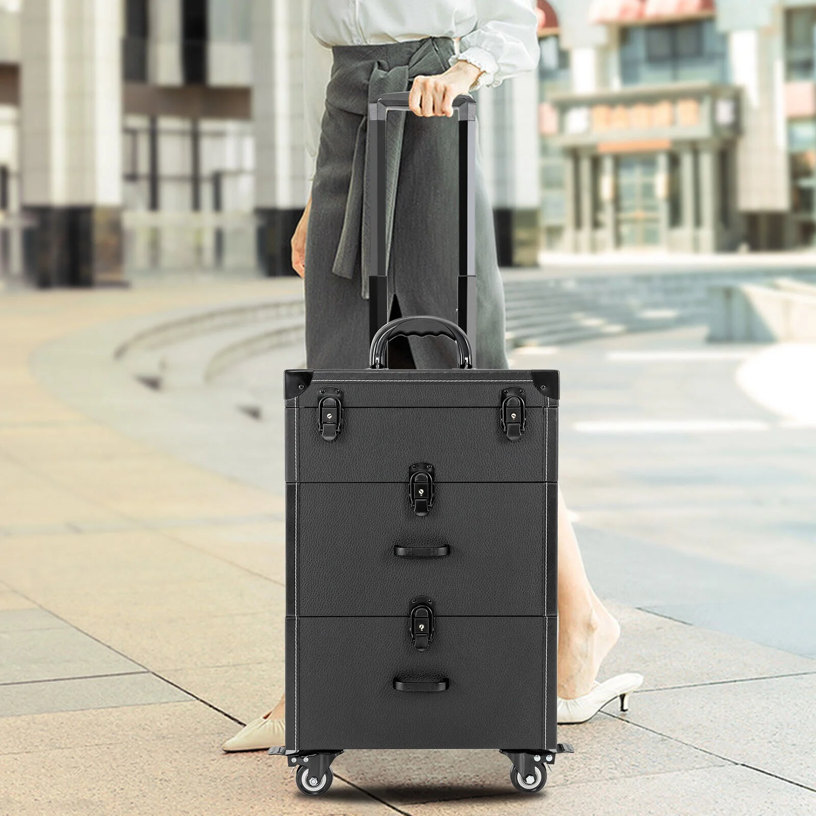 Denest Rolling Train Case Aluminum Trolley Professional Cosmetic Organizer Box w/Drawer