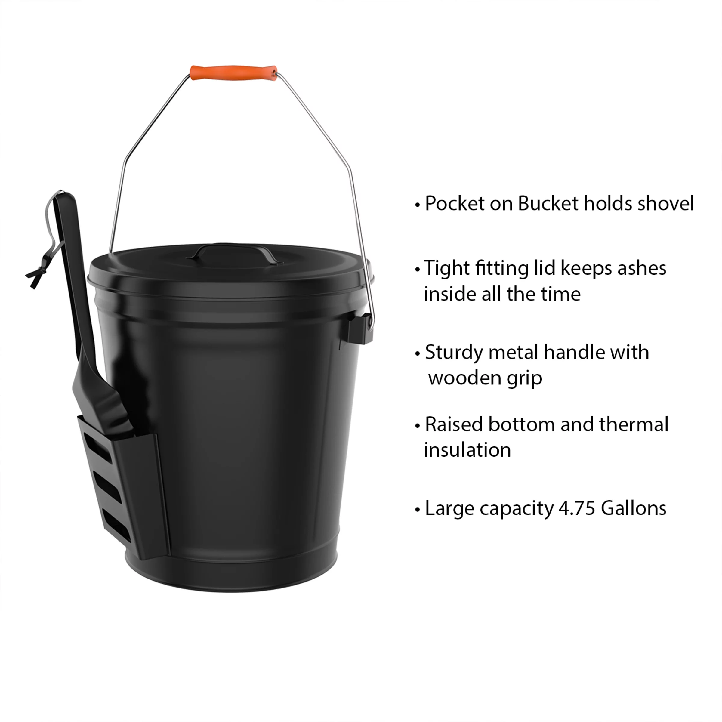 4.75 Gallon Tight Lid Steel Ash Bucket with Shovel Fireplace Pits 