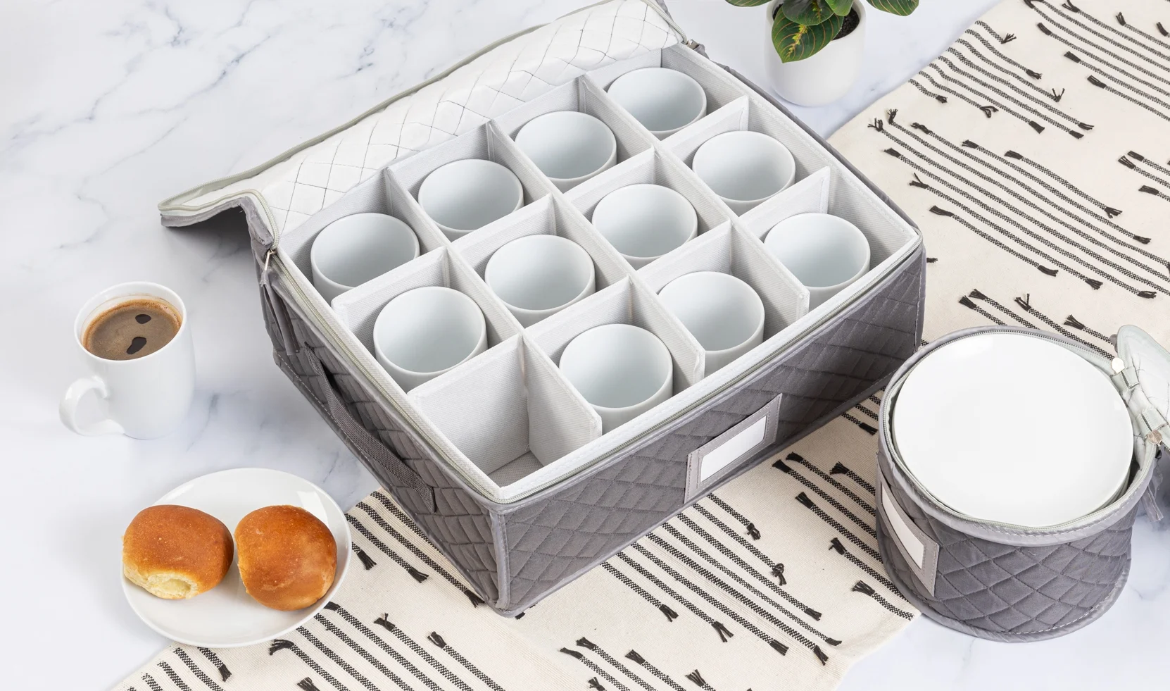 China Cup Storage Chest - Quilted Fabric Container in Gray Measuring 16