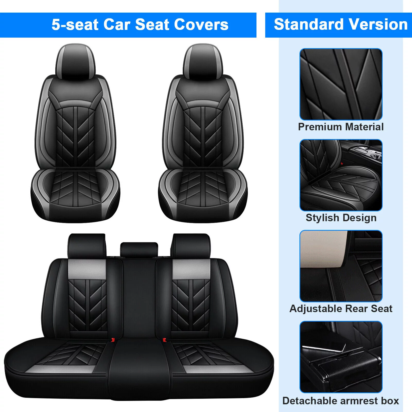 For Acura 5 Seats Car Seat Covers, Waterproof Leather Auto Cushion Protector, Full Set Front Rear Seat Cover for RDX RLX TLX TL TSX ZDX Black+Gray