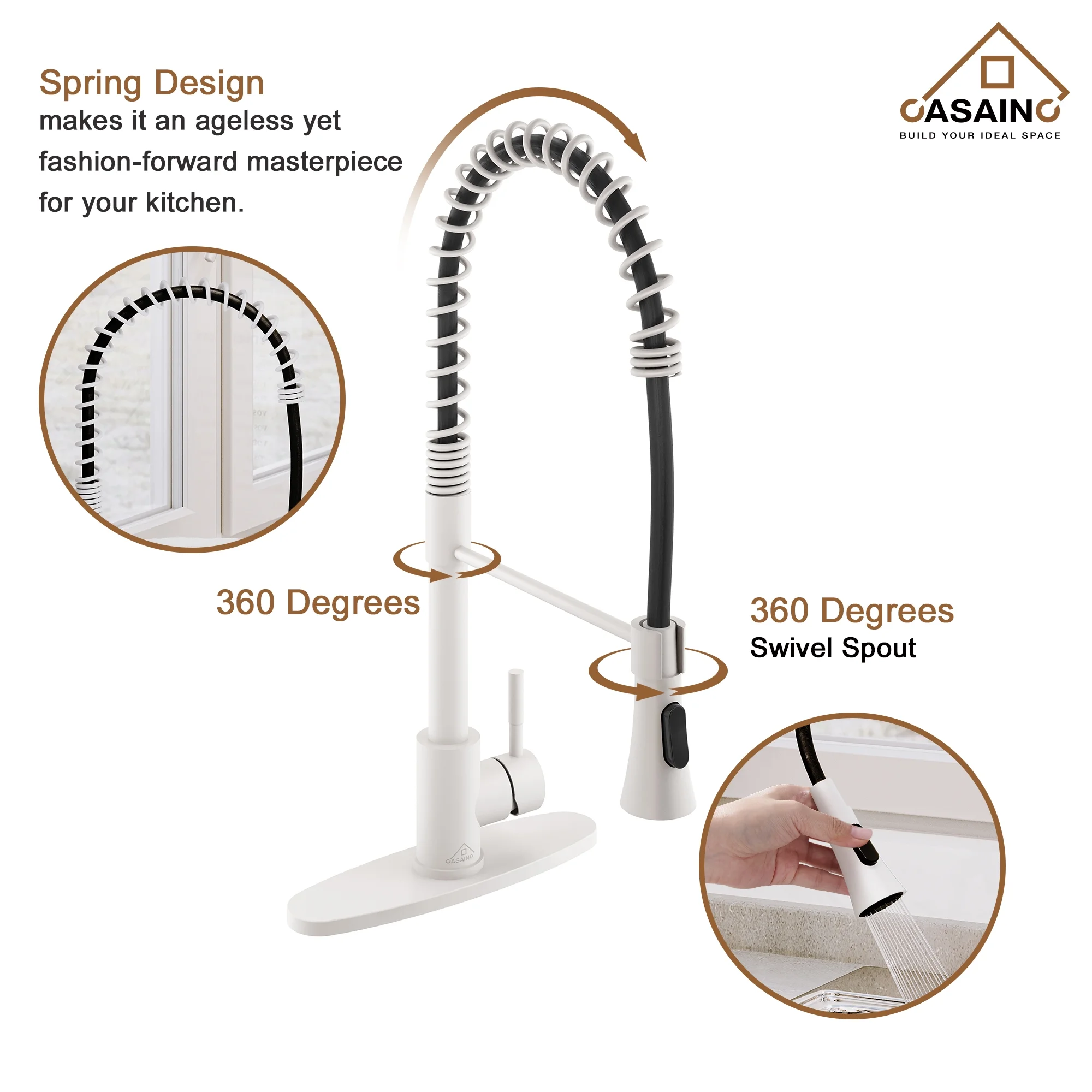 Single Handle Spring Standard Kitchen Faucet Deck Mounted Kitchen Sink Faucet with Dual-Function Sprayhead and Deck Plate in Matte White