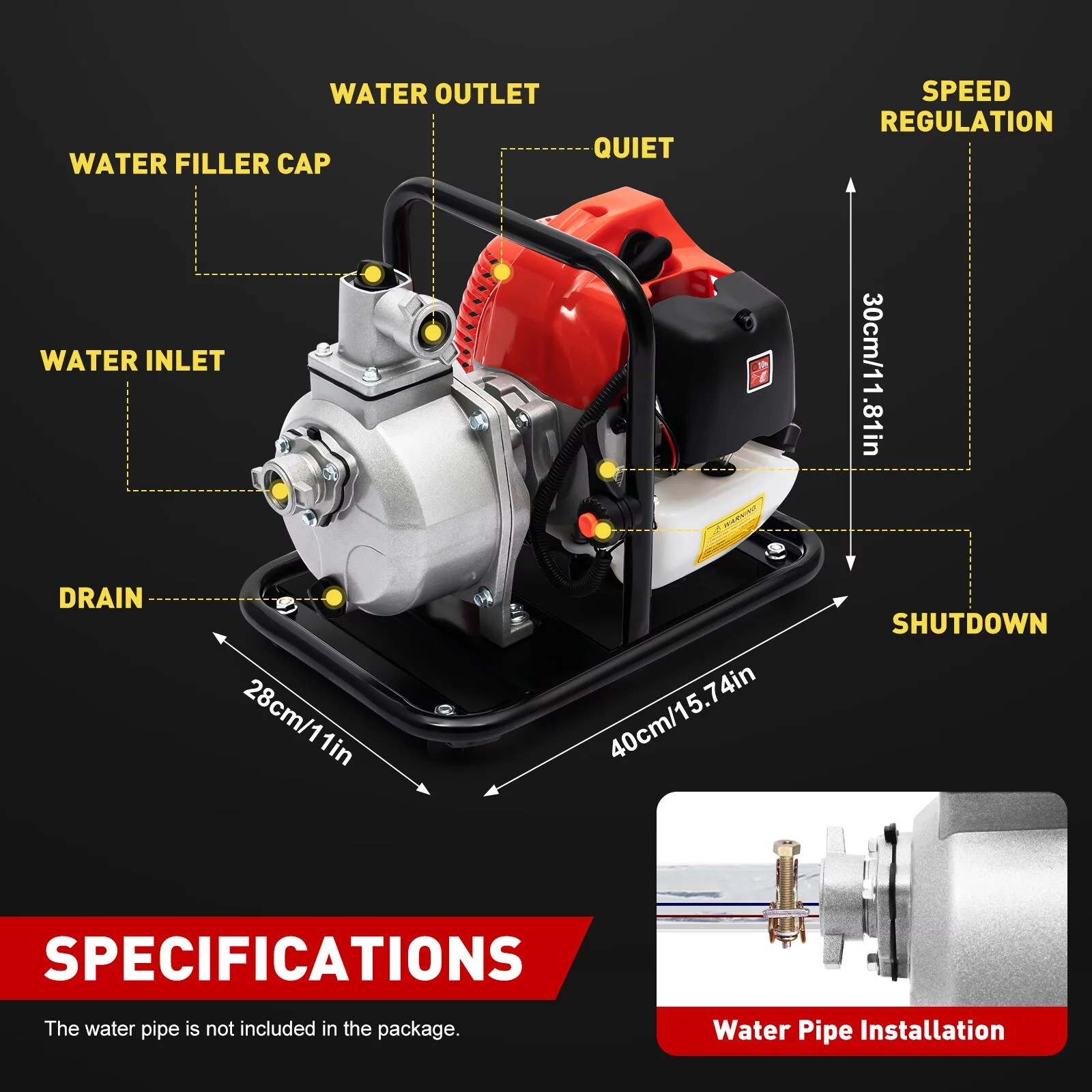Loyalheartdy 1.7HP 2 Strok Gasoline Water Pump  40.2CC Gas-Powered Water Transfer High Pressure Pump Irrigation Garden Max 282.5ft³/h