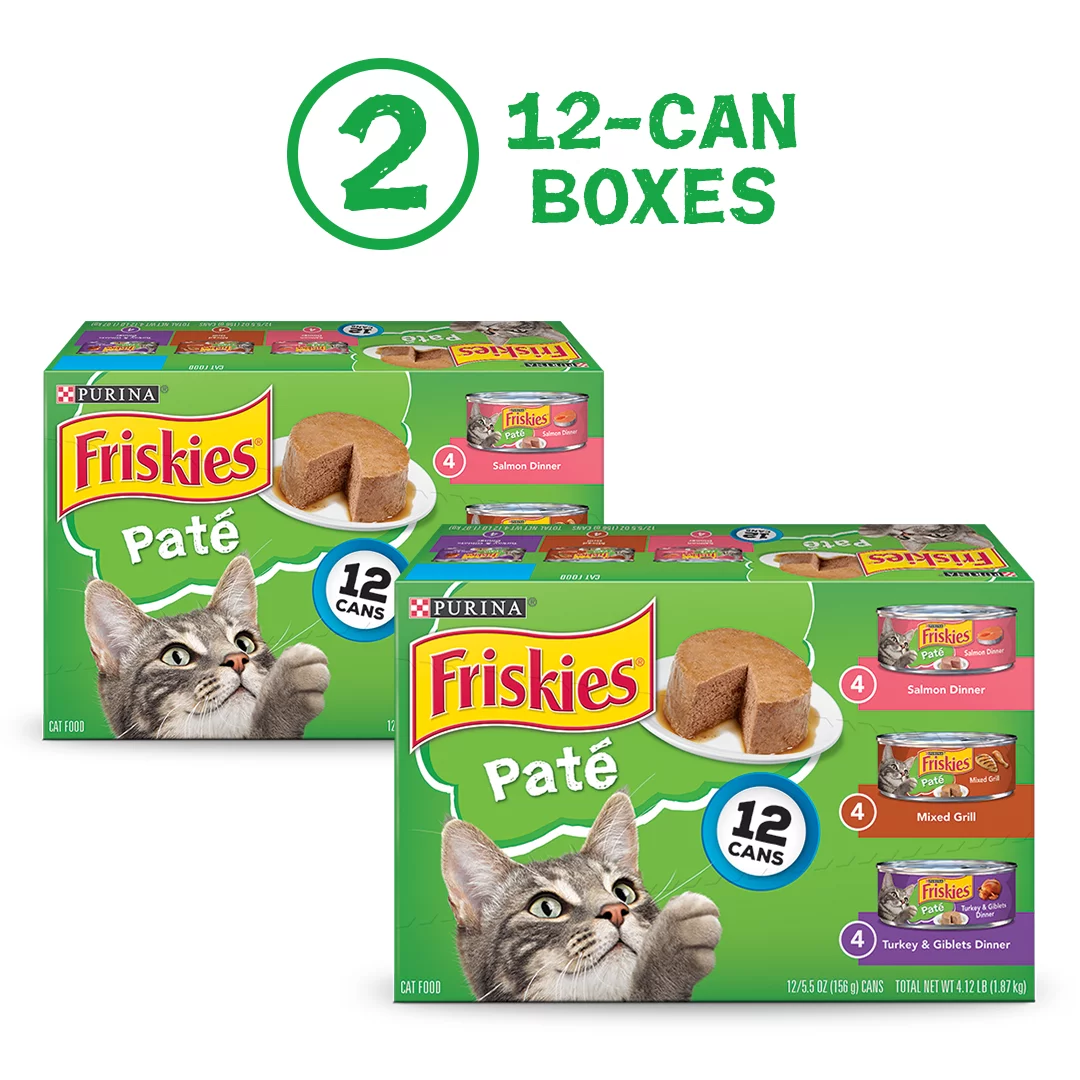 (24 Pack) Friskies Pate Wet Cat Food Variety Pack, Salmon, Turkey & Grilled, 5.5 oz. Cans