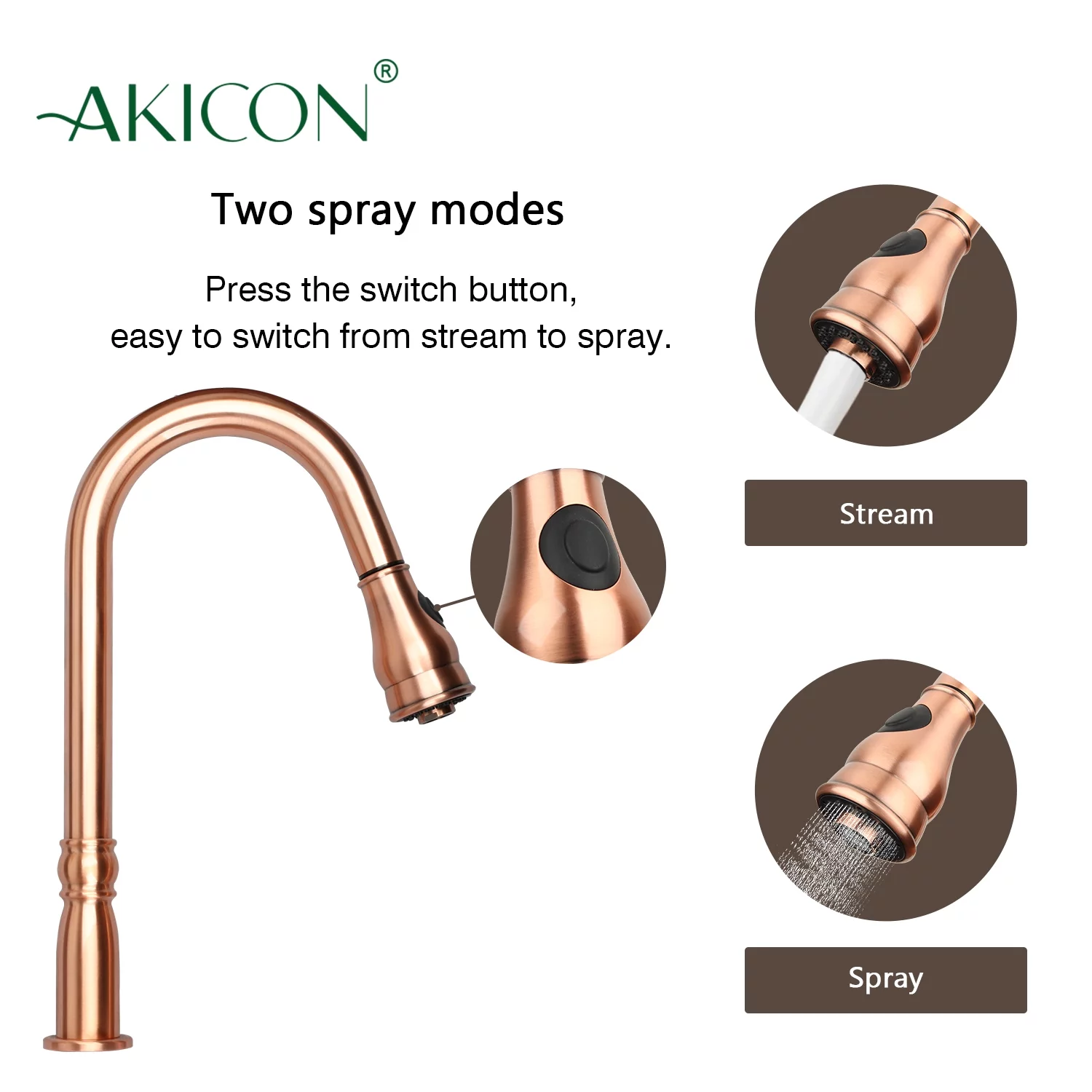 Akicon Copper Kitchen Faucet with in-Deck Handle, Single Level Handle and Pull Down Sprayer Copper