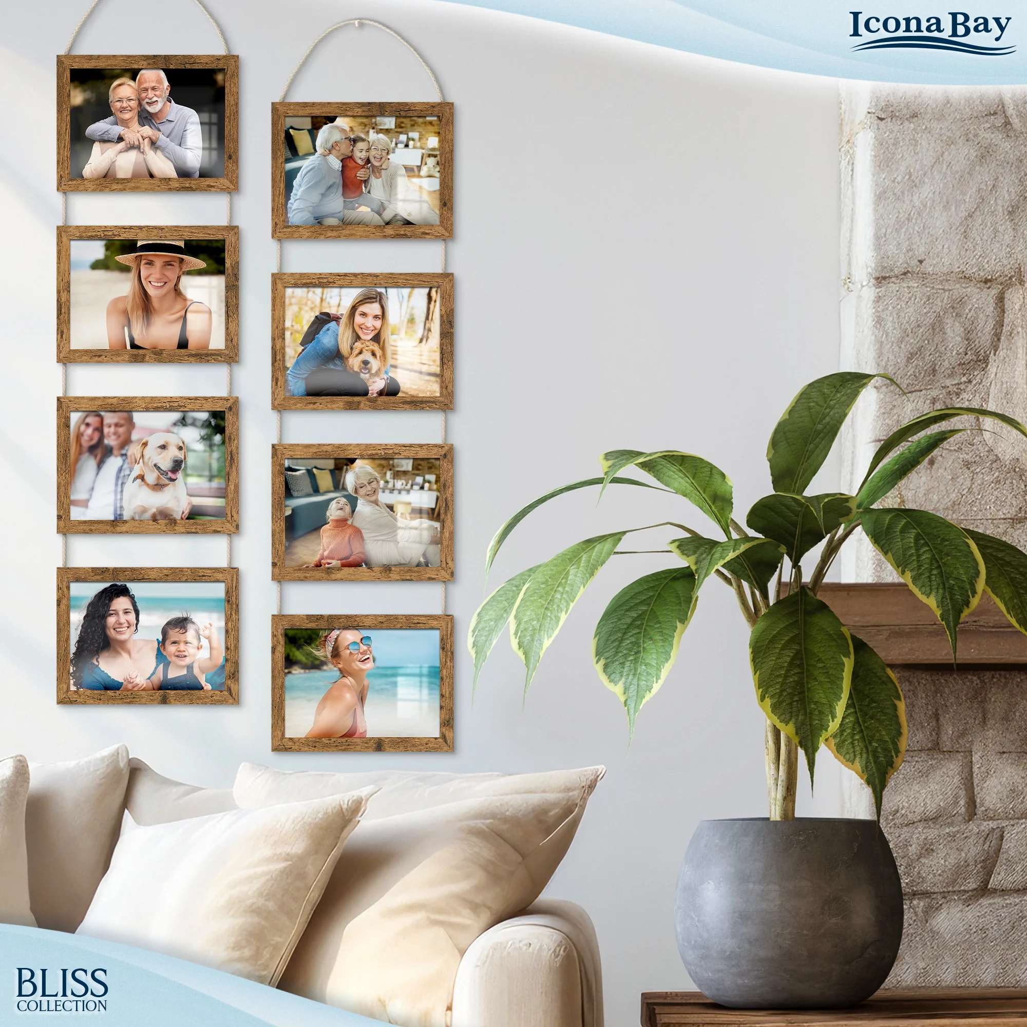 Icona Bay 5x7 Hanging Picture Frames, 4 Rustic Brown Composite Wood Photo Frames, 2 PK, Bliss Collage Frames