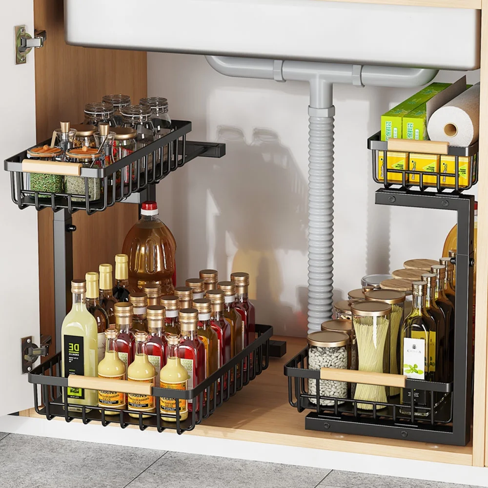 Sensch Under Sink Organizers Stainless Steel Storage 2 Tier Sliding Pull-out Organizer for Bathroom Kitchen, Black