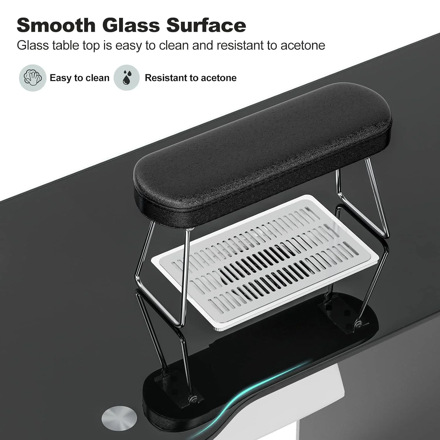 YiSHOP  Manicure Table, Glass Table Top Nail Table Station Nail Makeup Desk for Nail Tech w/Electric Downdraft Vent, Foldable Nail Arm Rest, Lockable Wheels, Storage Drawers, Wooden Handles (Black)