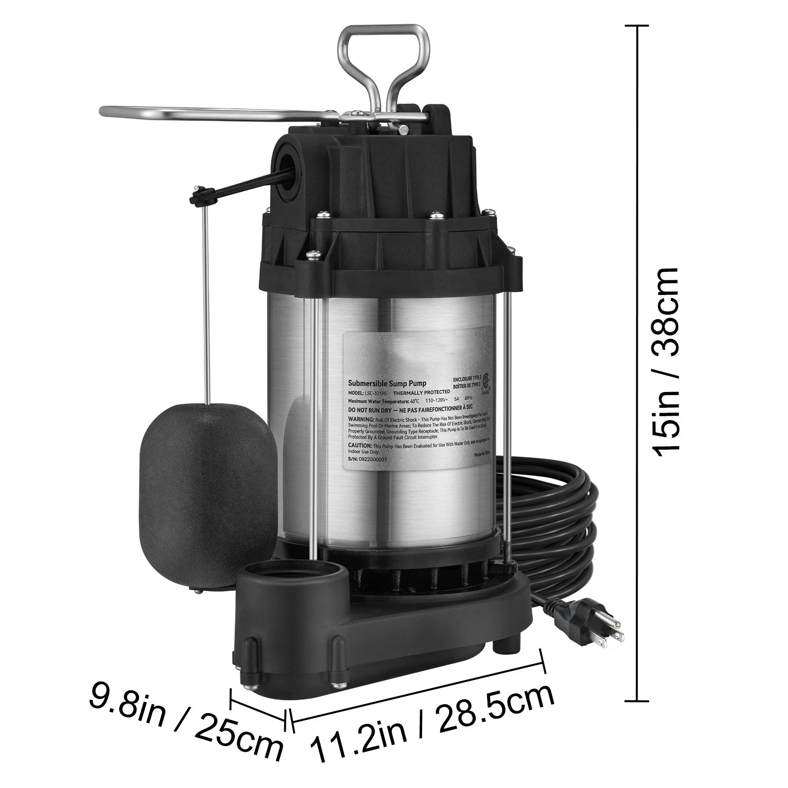 BENTISM Submersible Sump Pump Water Pump 1/2 HP 4320GPH Cast Iron Steel Basement