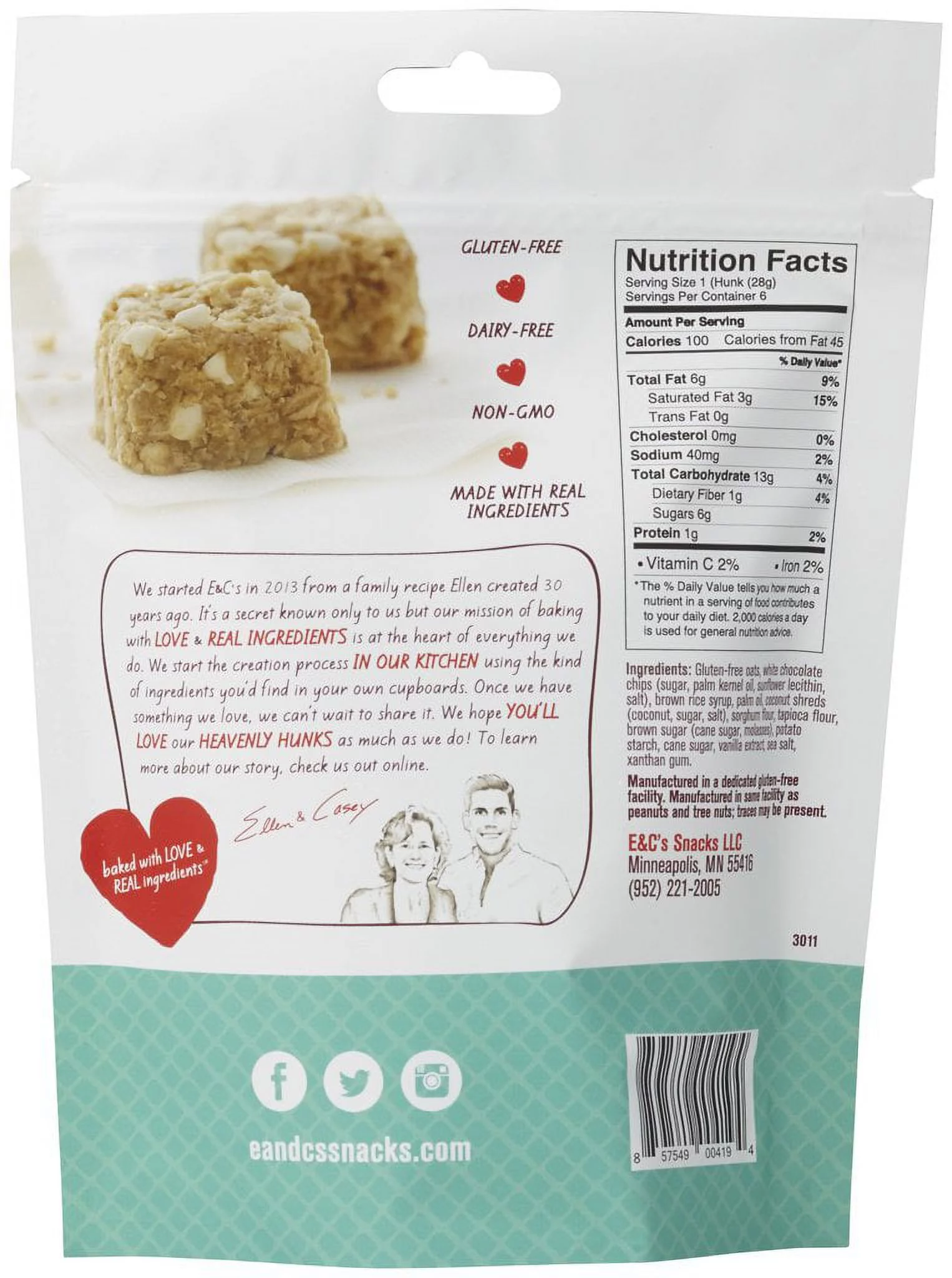 E&Cs Snacks 303038 Heavenly Hunks Oatmeal White Cookie Chocolate - Gulten Free, 6 oz - Pack of 6