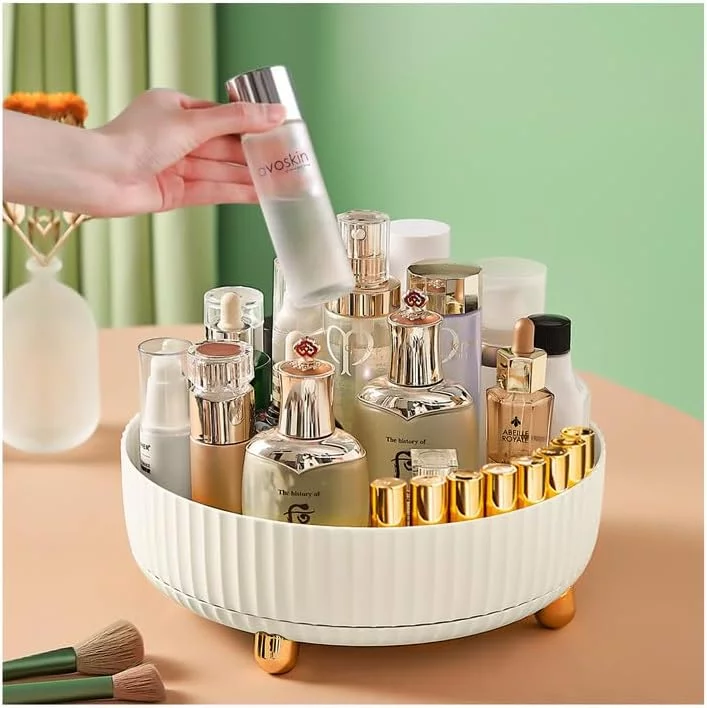 Makeup Perfume Organizer for Bathroom Counter or Vanity , 360 Degree Rotating Cosmetic Bathroom Desk Storage Lotions Display Stand Case Round Gift Tray, Large White (11.42
