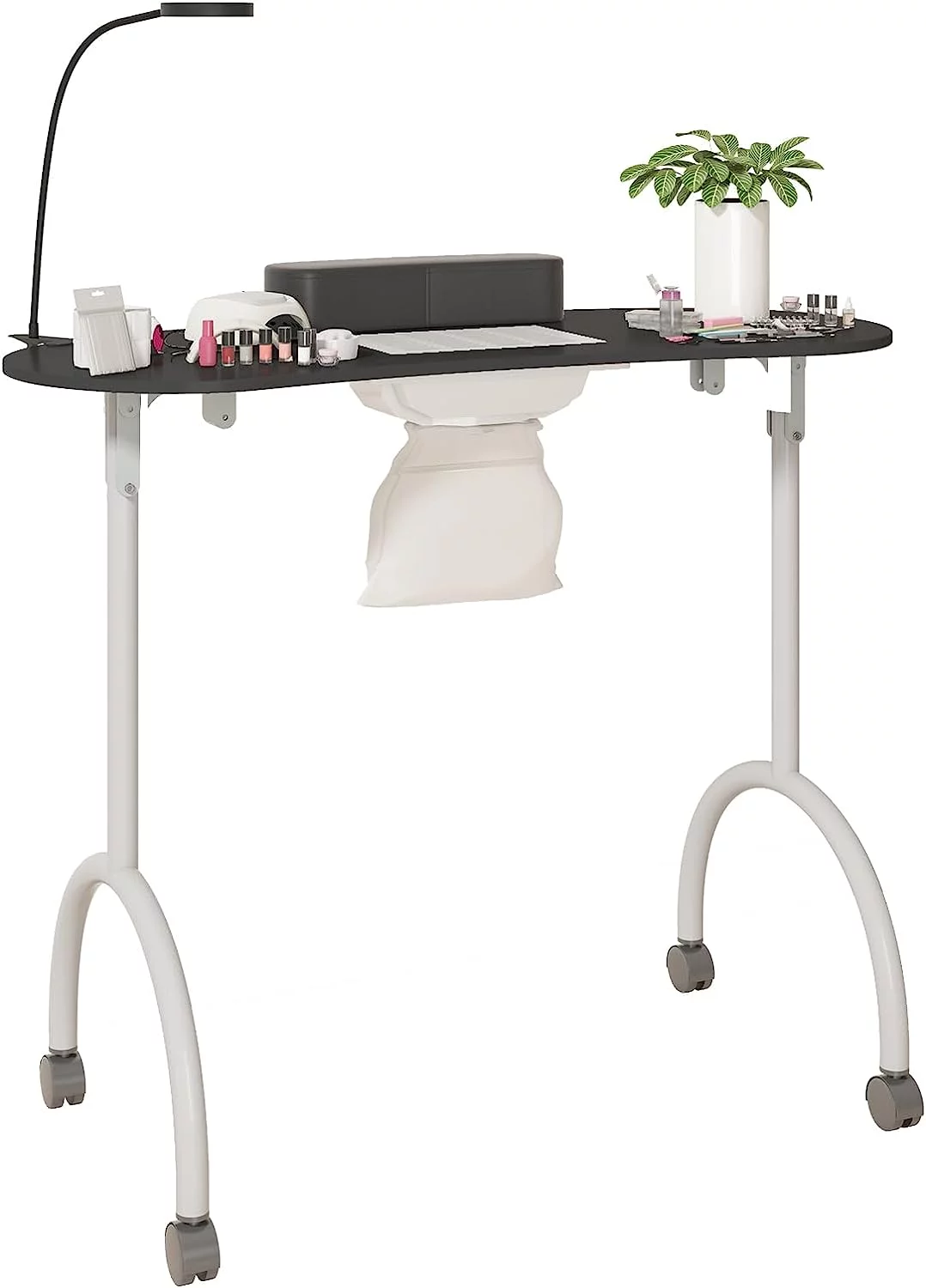 Muhub Portable Movable Manicure Nail Table, Pure Black Foldable Manicure Table with Dust Collector Fan, 4 Lockable Wheels and Carry Bag, LED Lamp, Professional Nail Desk with Wrist Cushion