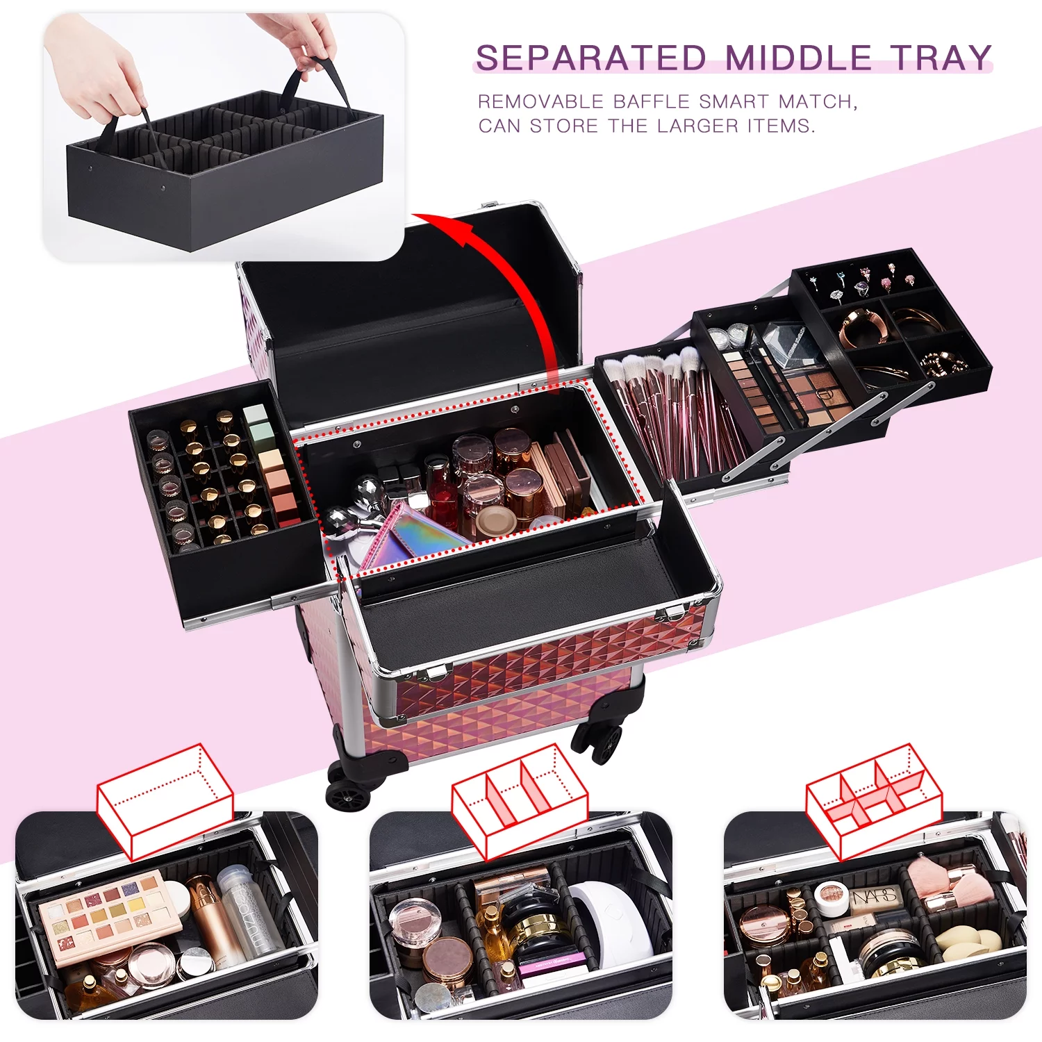 Joligrace Rolling Makeup Train Case Professional Cosmetic Trolley 4 Trays & 1 Cubby with Sliding Rail