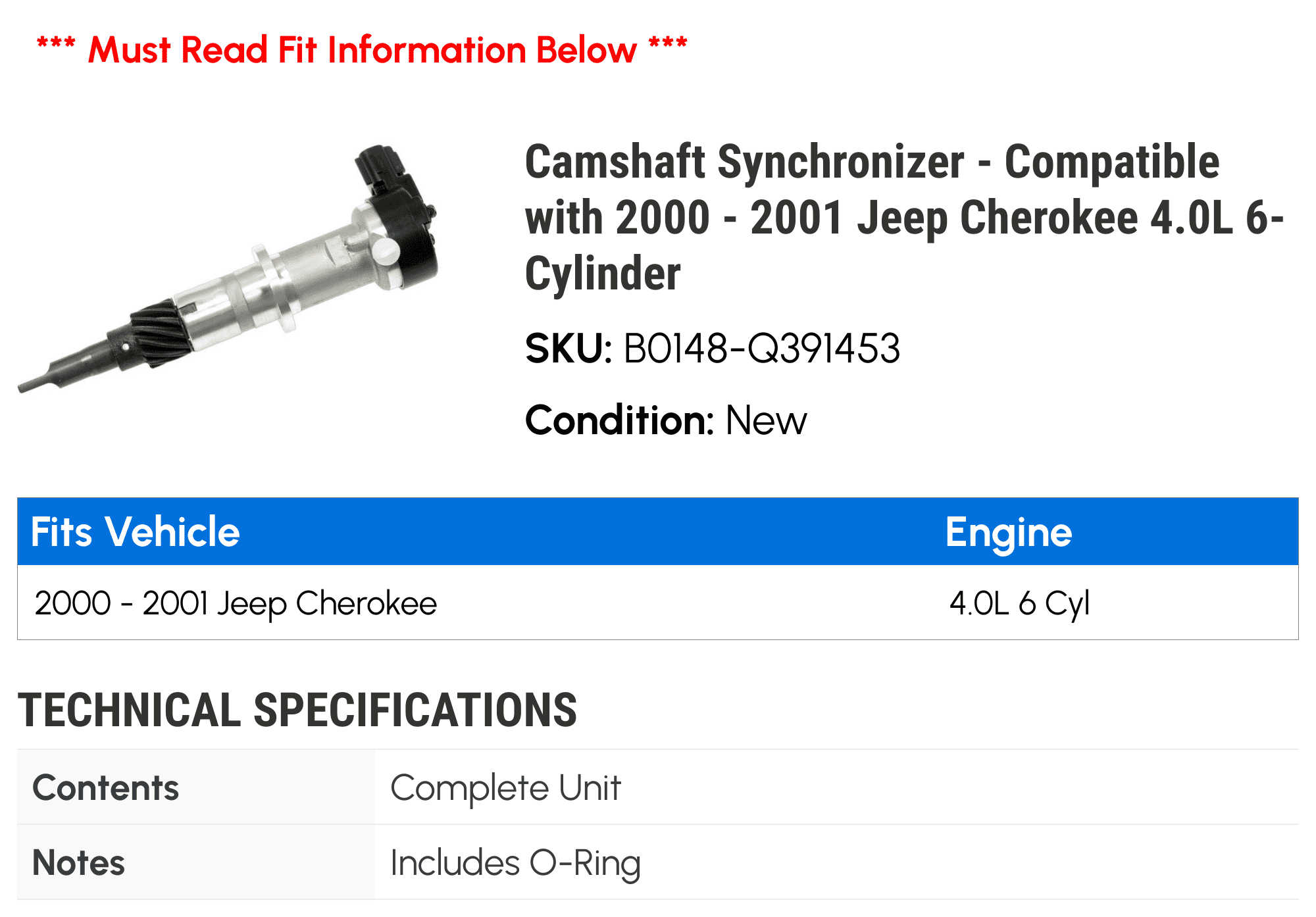 Camshaft Synchronizer - Compatible with 2000 - 2001 Jeep Cherokee 4.0L 6-Cylinder