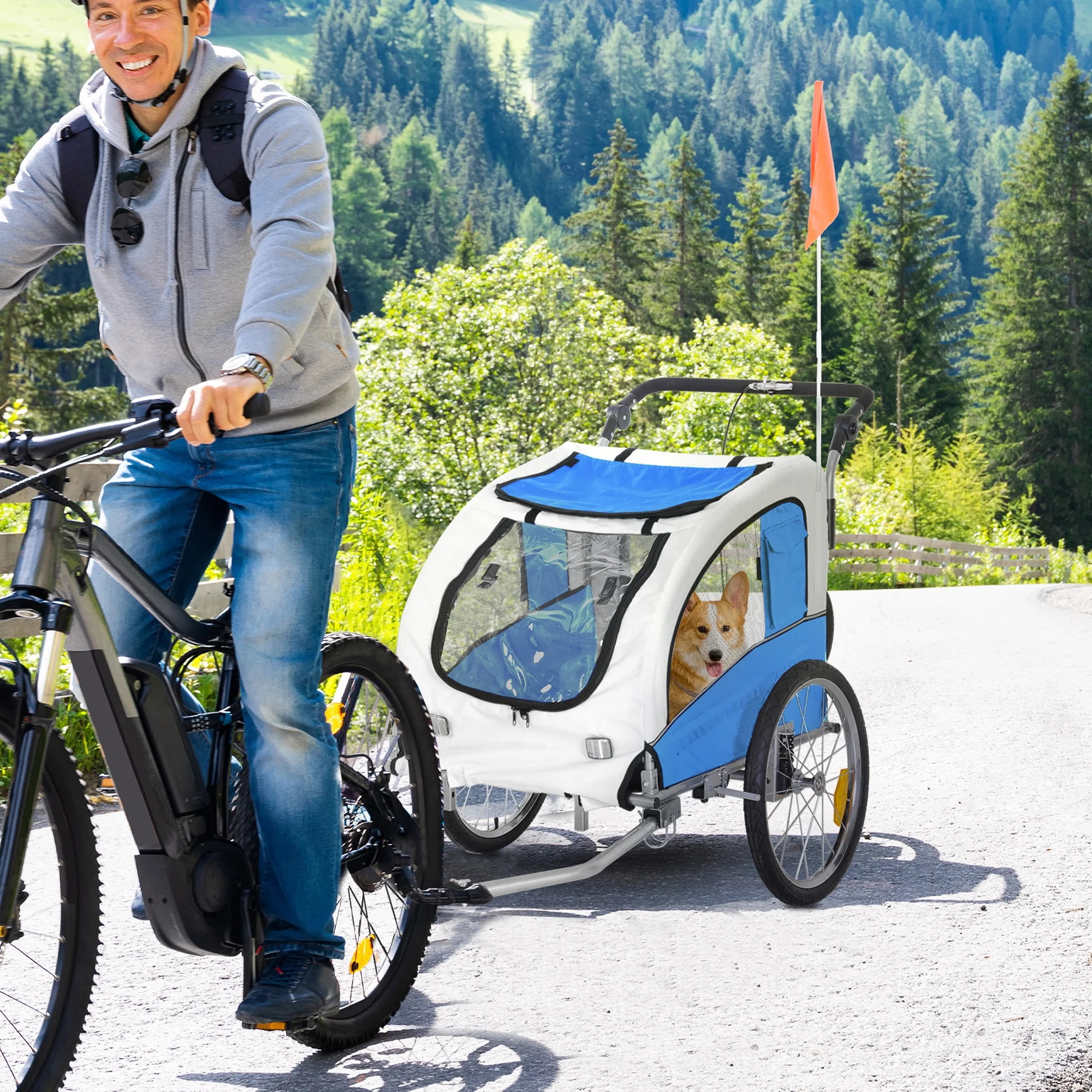 Aosom Dog Bike Trailer 2-In-1 Pet Stroller with Canopy and Storage Pockets, Blue