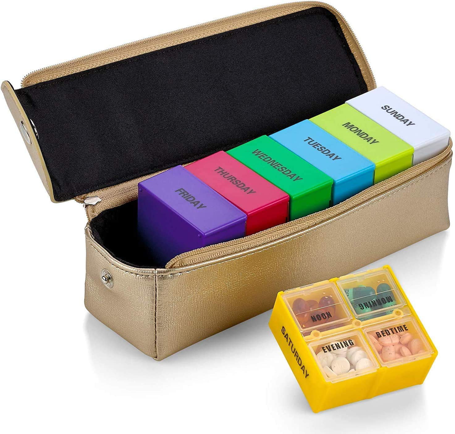MEDca 2 Pack, Large 7 Day Weekly Pill Organizer Boxes Gold Leather Case