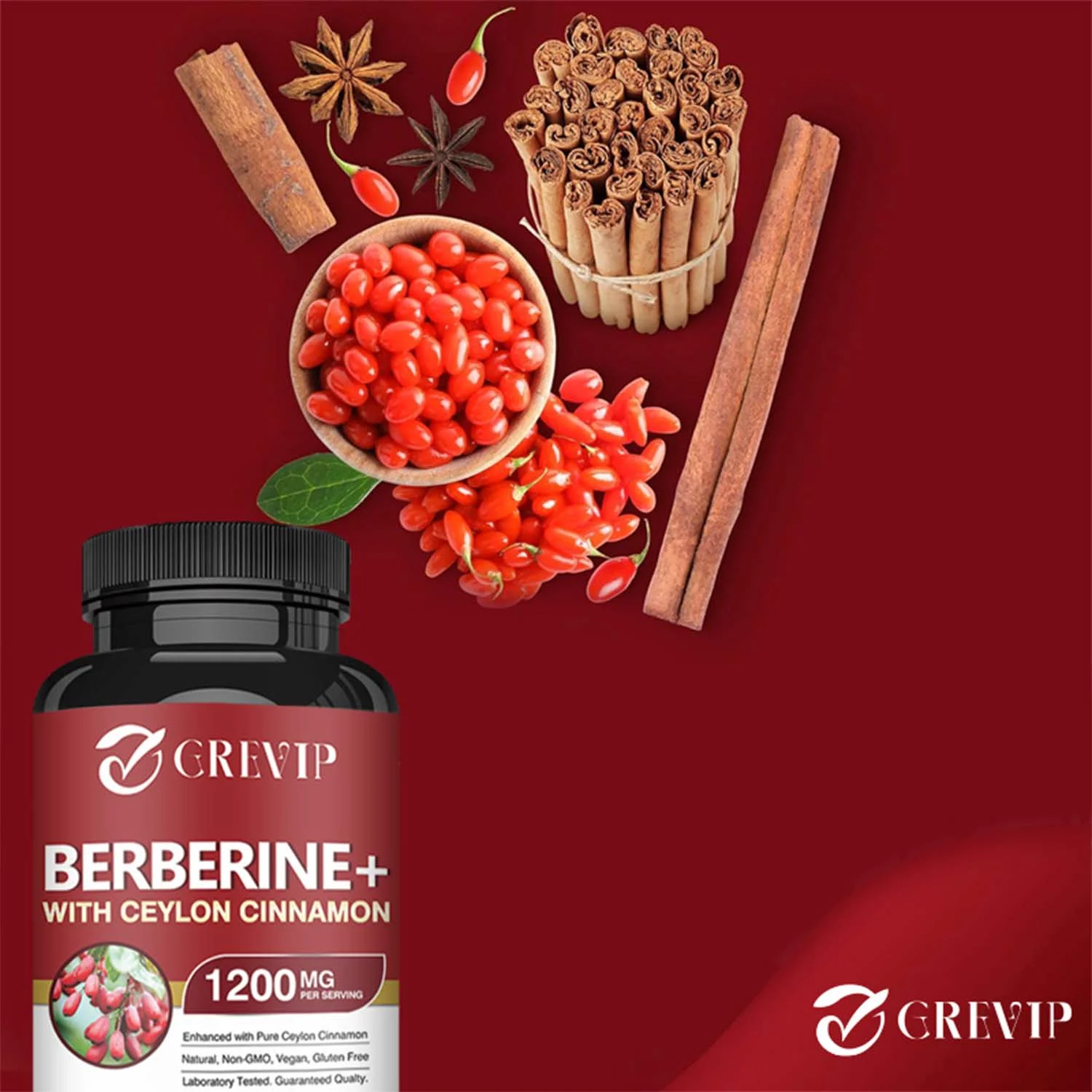 Grevip Berberine HCI+Ceylon Cinnamon 1200mg -Cardiovascular Health,Blood Sugar Support(30/60/120pcs)