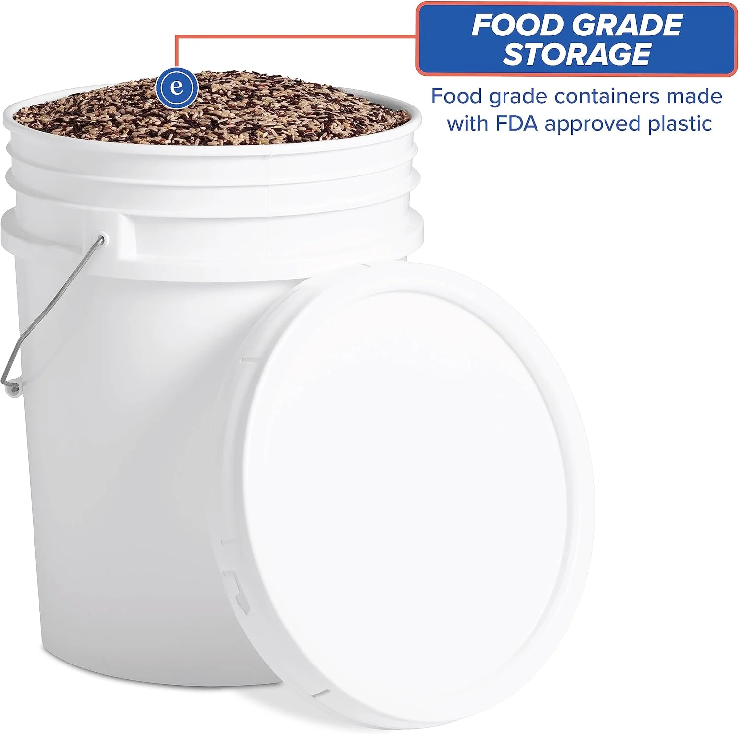 5-Gallon White Plastic Bucket with Lid - Durable 90 Mil All Purpose Pail - Food Grade - Contains No BPA Plastic - Recyclable - Made in USA - 6 Count