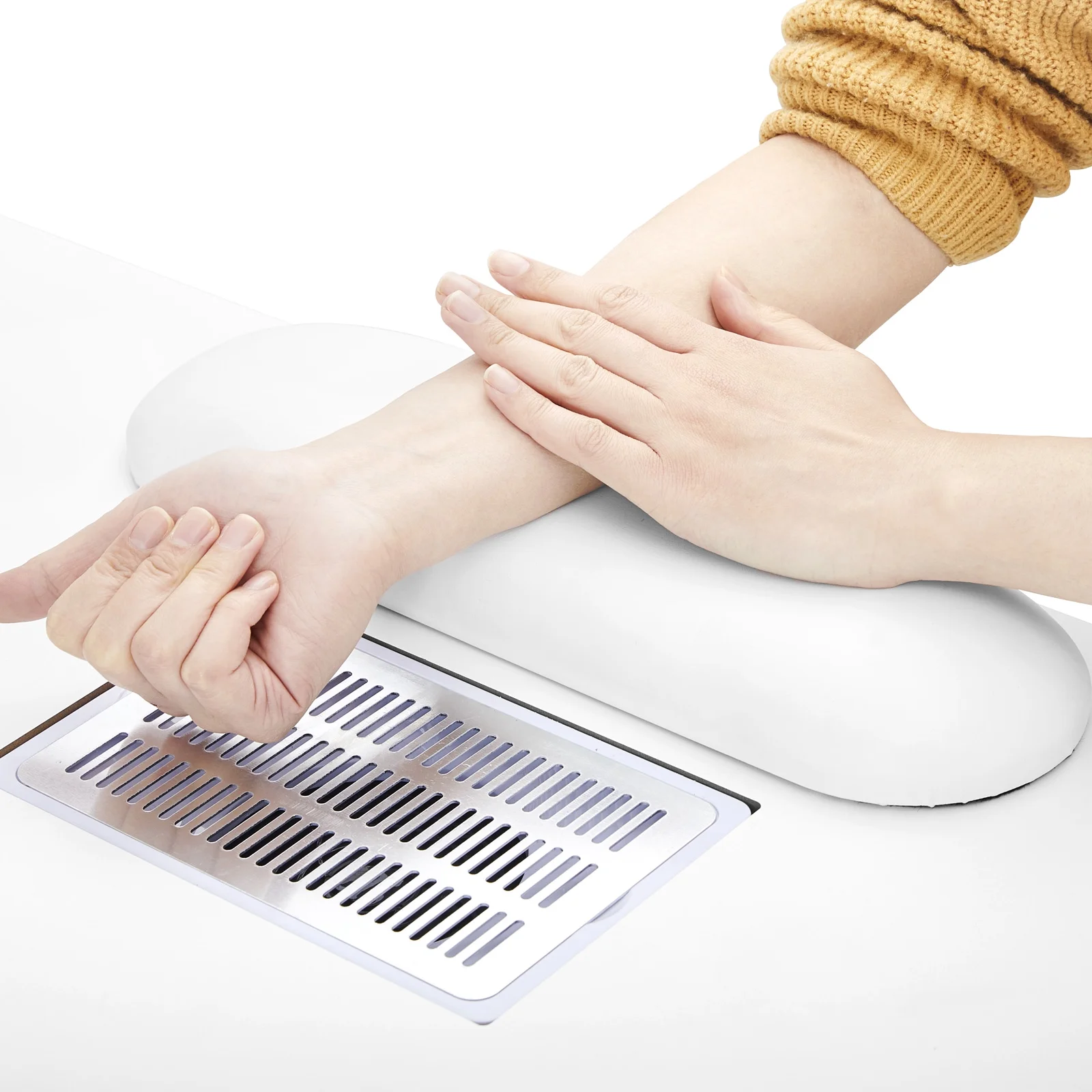 Artist Hand Manicure Table Nail Table Desk Salon Beauty Workstation with Dust Collector, Storage Rack, 2 Drawers, 2 Doors, Wrist Cushion, Lockable Wheels