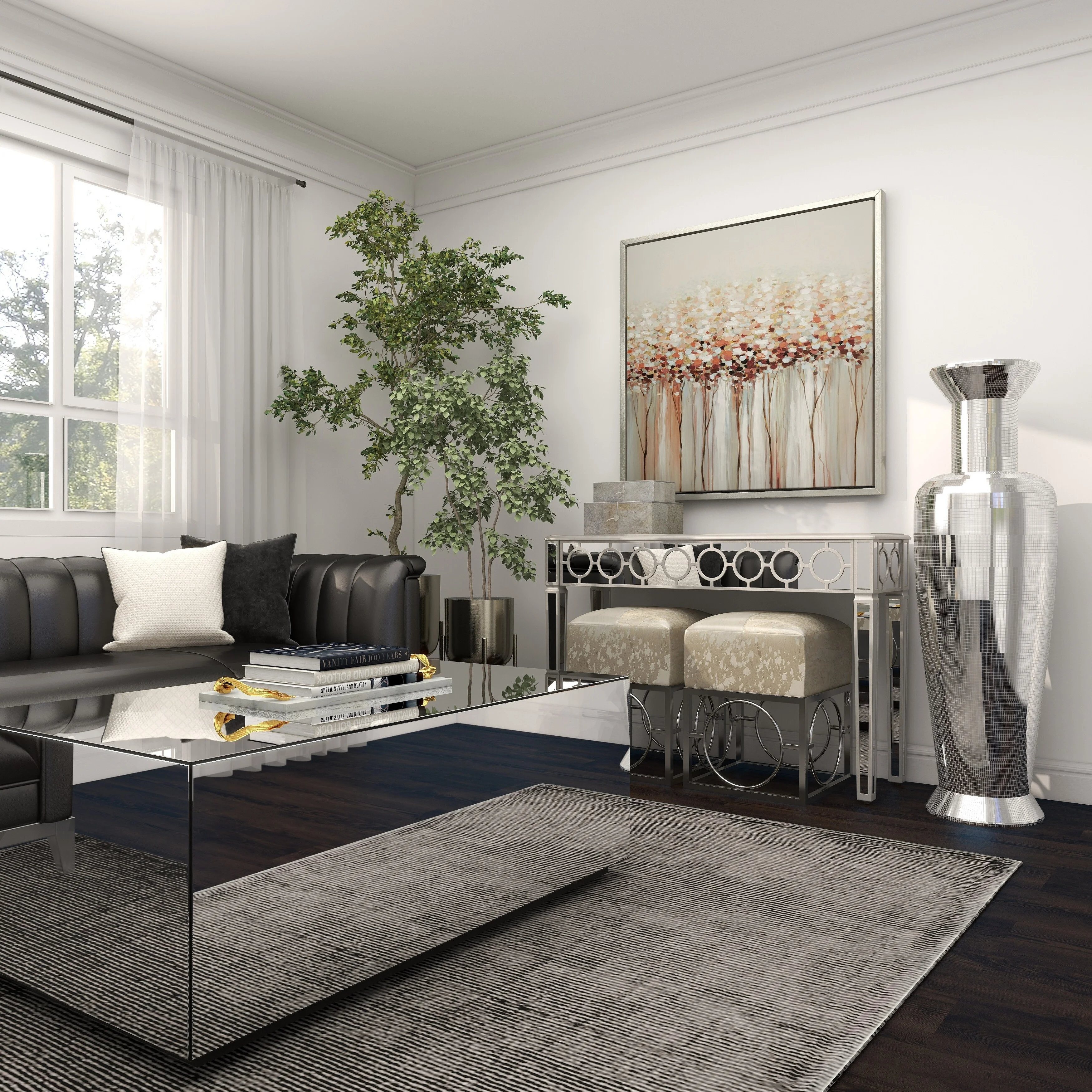 Studio 350 Silver Polystone Tall Floor Vase with Mosaic Mirror Inlay