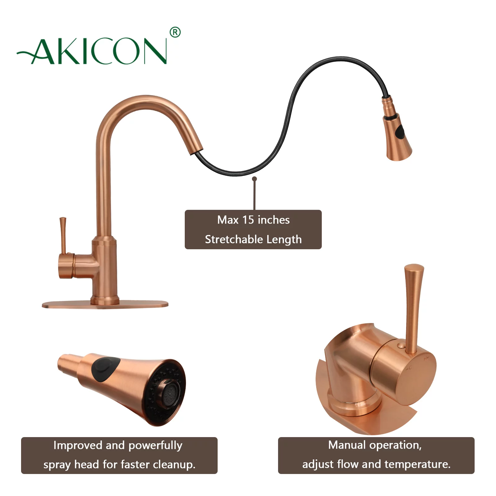 Akicon One-Handle Pull-Down Copper Kitchen Faucet - 16
