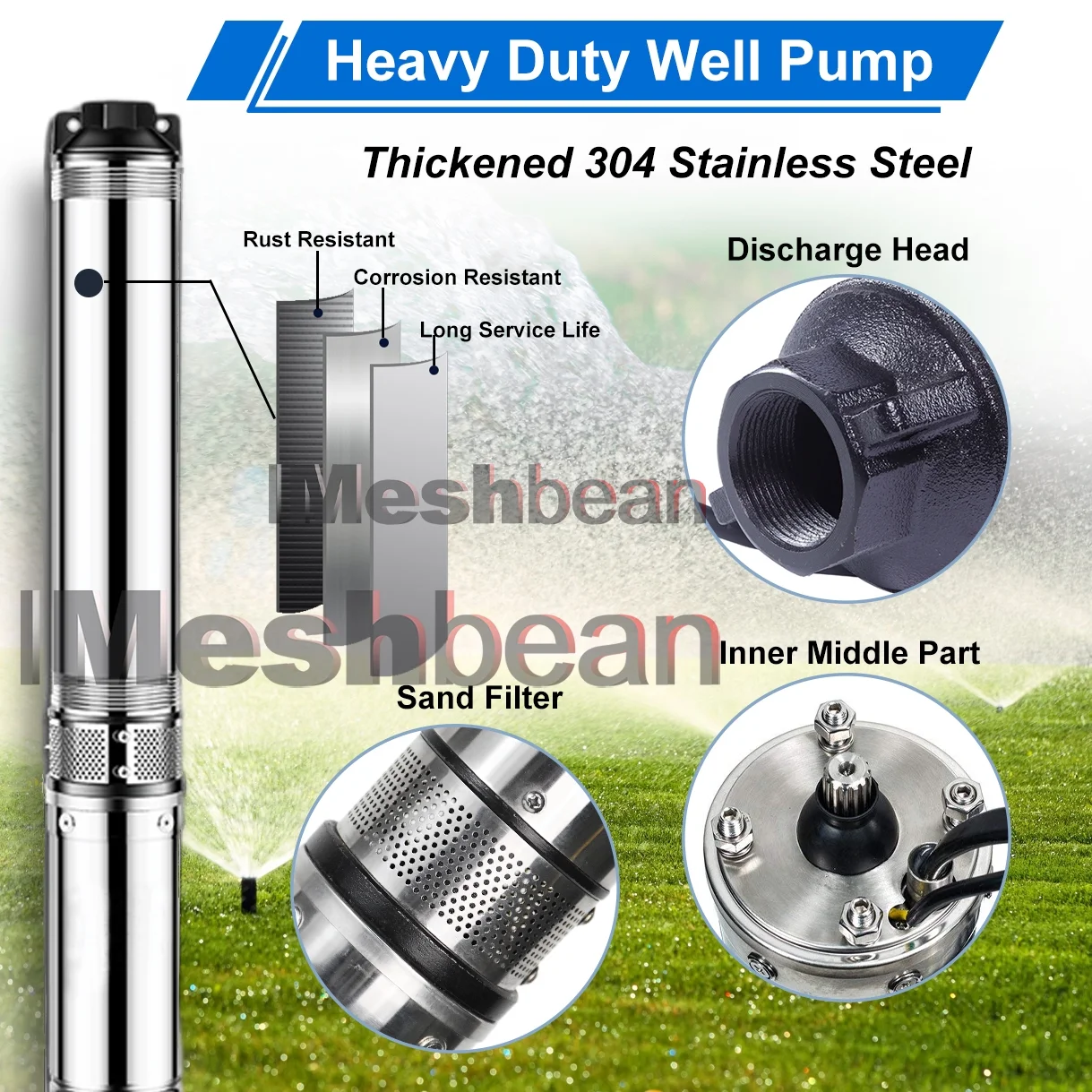 iMeshbean Deep Submersible Well Pump 1HP 220V,207ft Head 33GPM with 100ft Cord,Submersible Well Pump 4