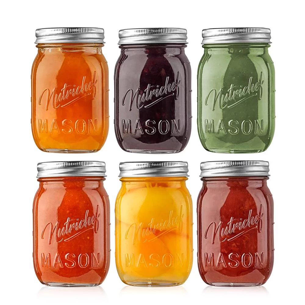 NutriChef 6 Pcs Mason Jars 16oz DIY Magnetic Spice Jar Glass Container W/ Airtight Lid and Band