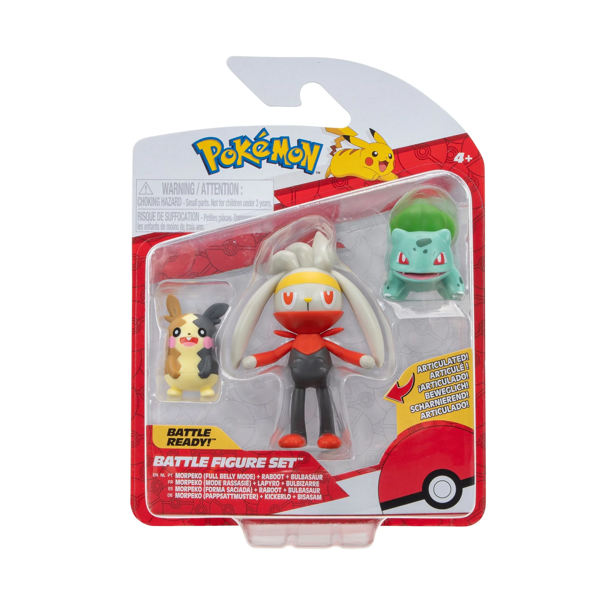 Pokemon Battle Figure Set 3 Pack: Morpeko (Full-Belly Mode), Bulbasaur #1, Raboot