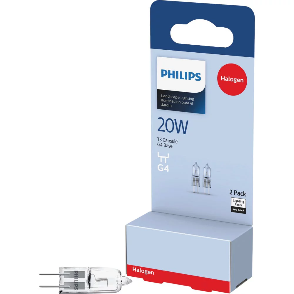 1 PK, Philips 20W 12V Clear G4 Base T3 Halogen Landscape & Cabinet Light Bulb (2-Pack)