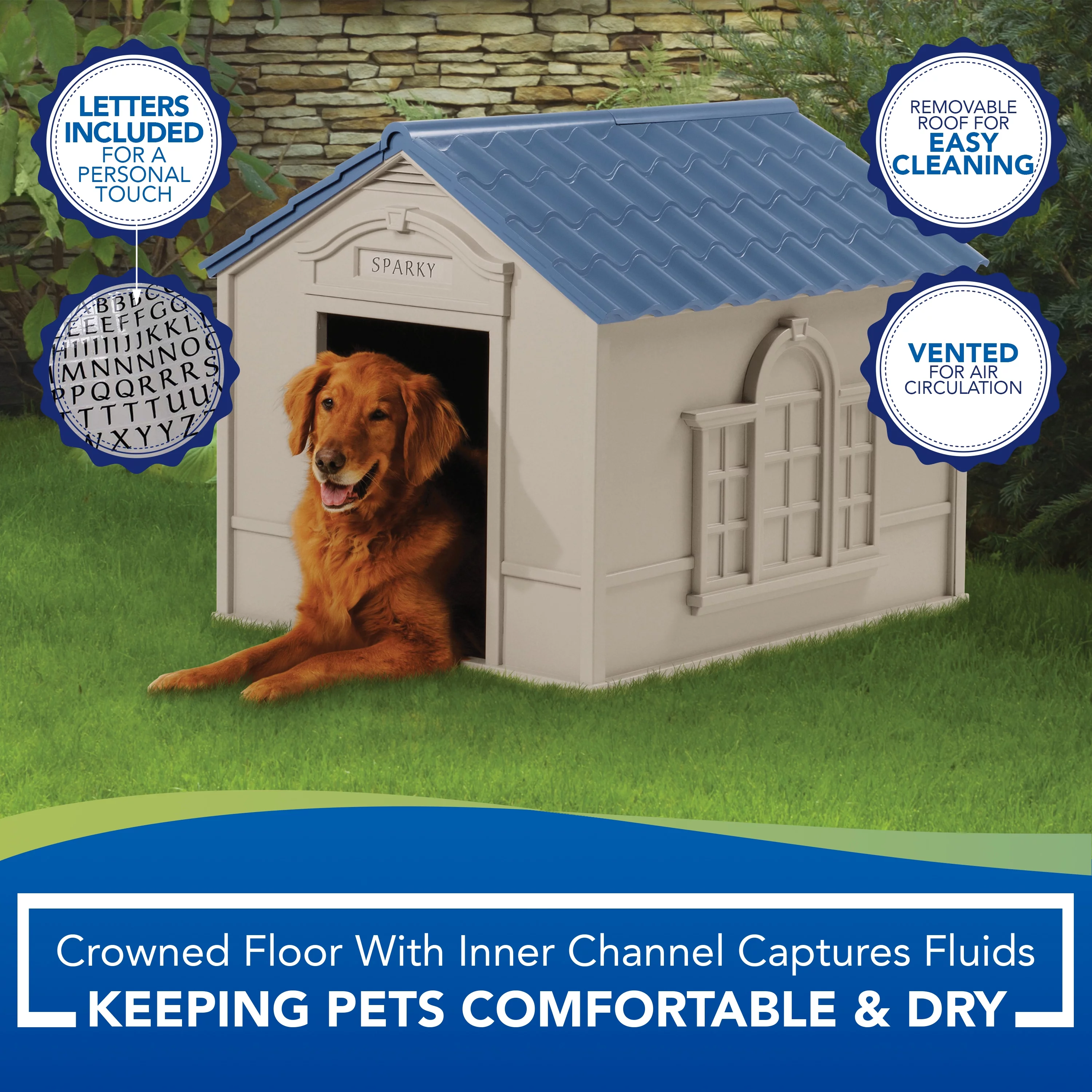 Suncast Deluxe Indoor & Outdoor Dog House Resin for Medium/Large Breeds, Tan/Blue