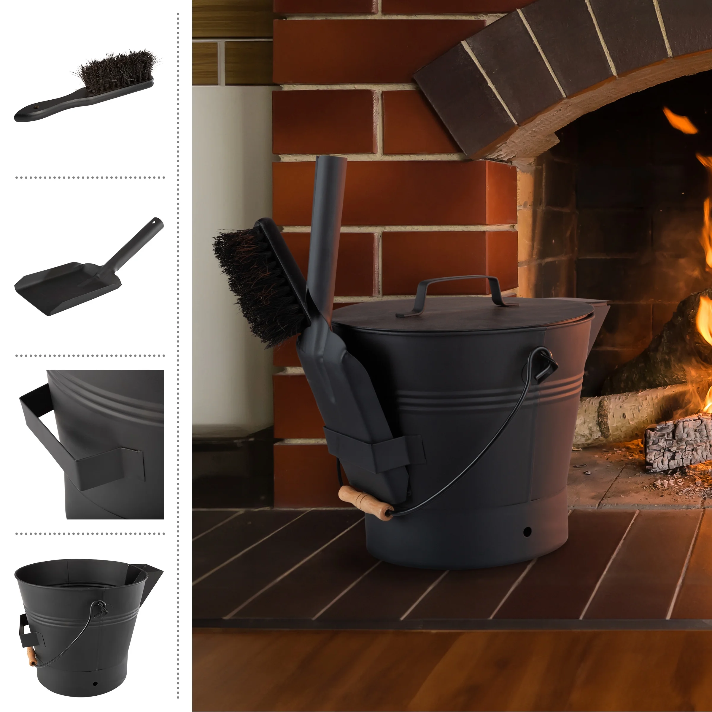 Pure Garden 2.11Gal Metal Ash Bucket with Lid, Broom, and Shovel (Black)