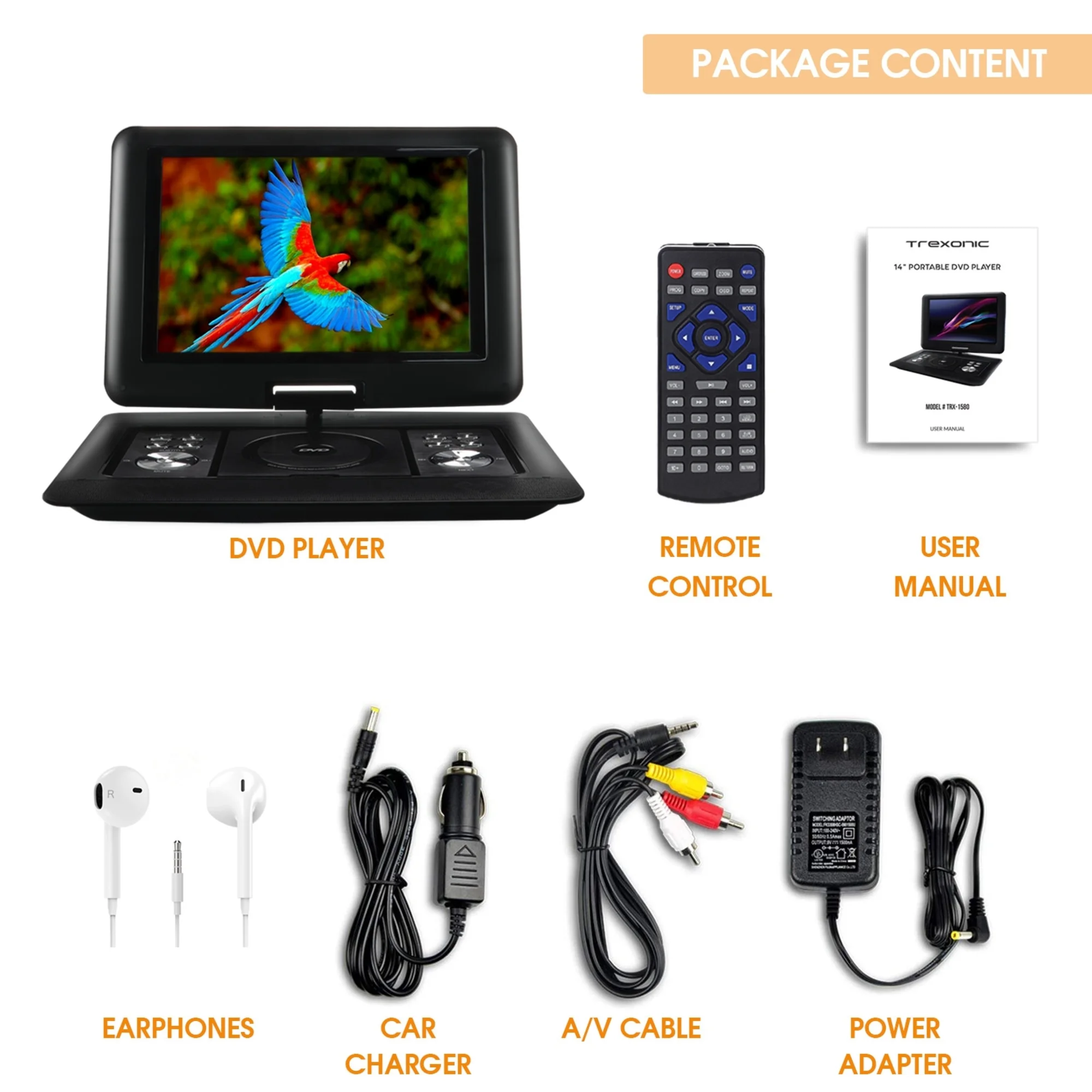 Trexonic 14.1 Inch Portable DVD Player with Swivel TFT-LCD Screen and USB,SD,AV Inputs