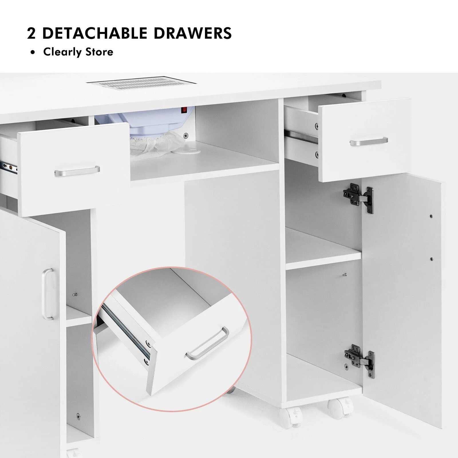 Artist Hand Manicure Table Nail Table Desk Salon Beauty Workstation with Dust Collector, Storage Rack, 2 Drawers, 2 Doors, Wrist Cushion, Lockable Wheels