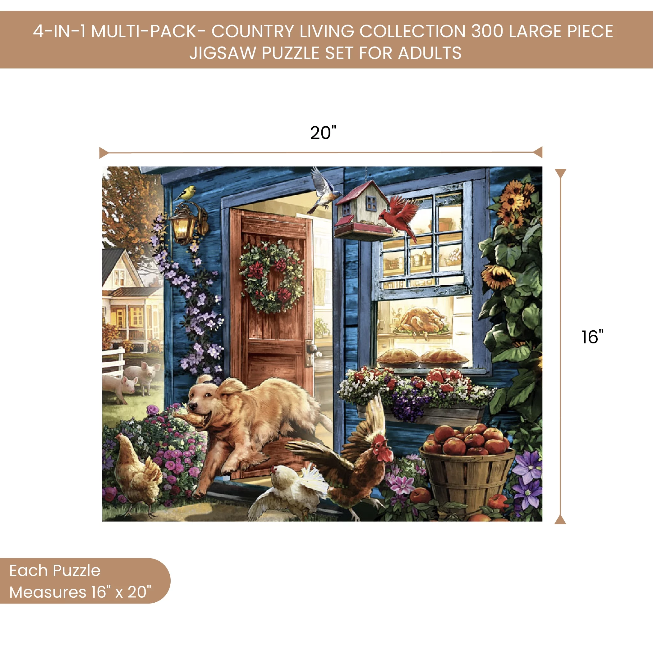Bits and Pieces - 4-In-1 Multi-Pack Country Living 300 Piece Jigsaw Puzzles for Adults - Each Puzzle Measures 16 