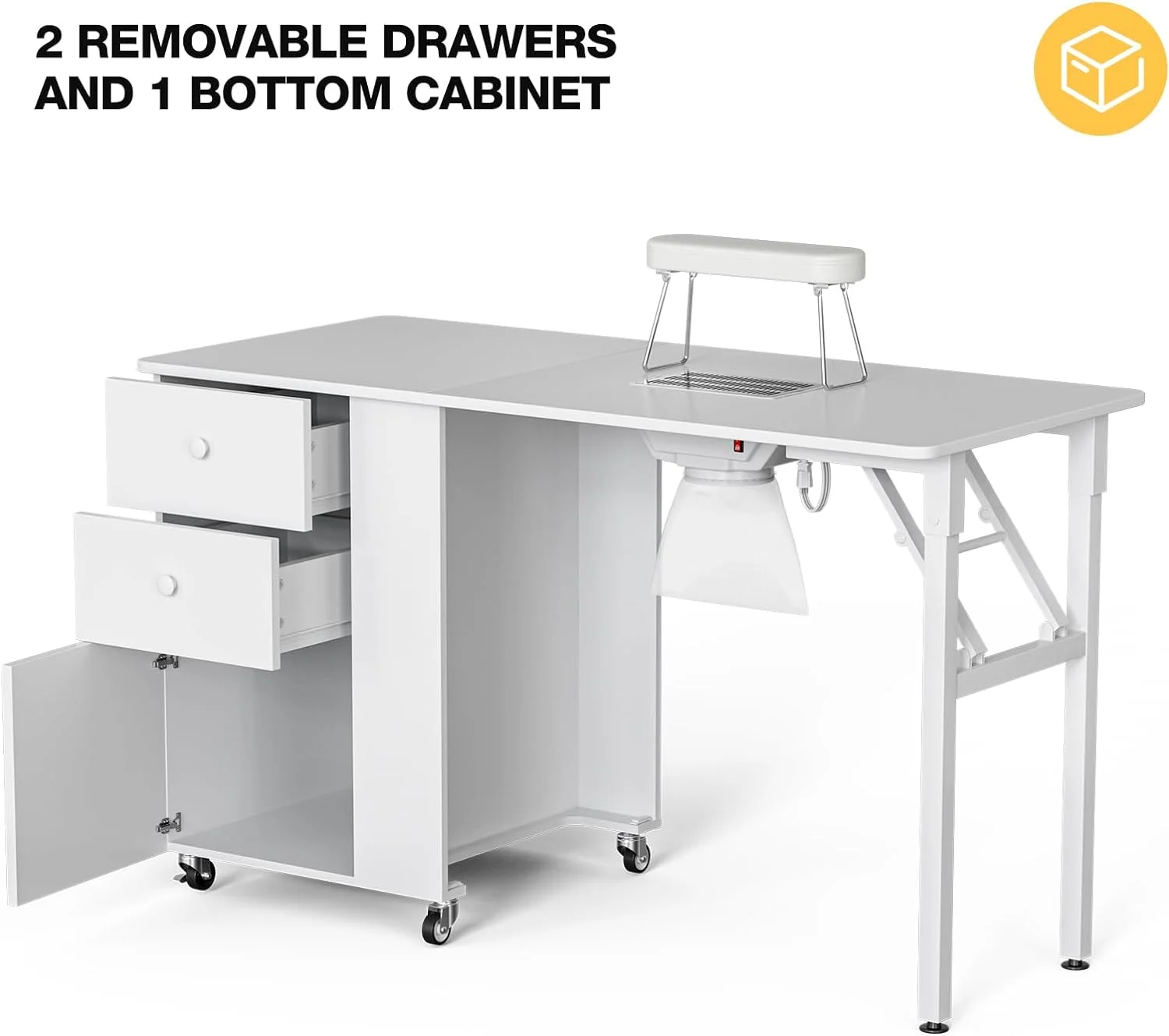 YiSHOP Foldable Manicure Table Nail Desk, Foldable Rolling Nail Table Station with Built-in Dust Collector, Adjustable Length, Wrist Pad & Lockable Rolling Wheels, Storage Desk for Nail Tech(Black)