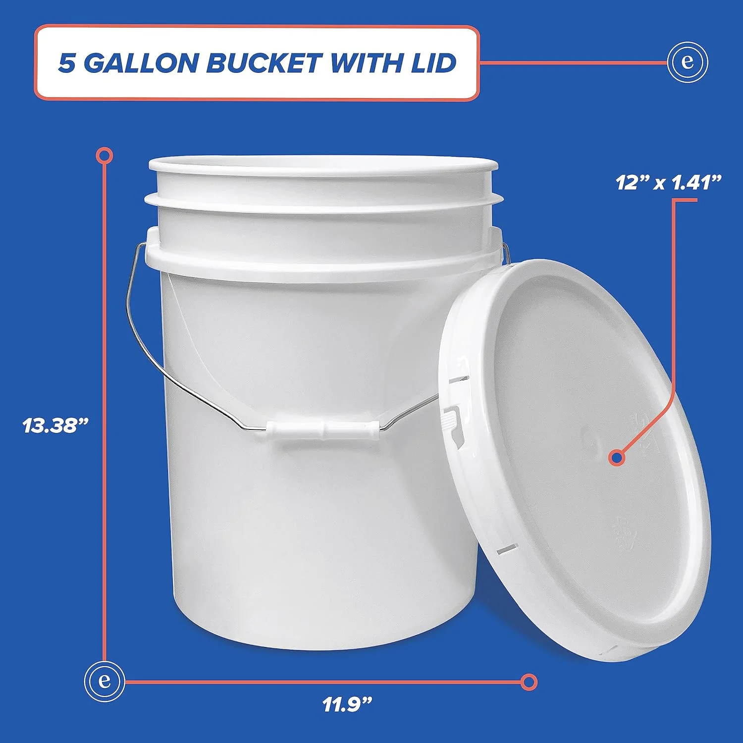 5-Gallon White Plastic Bucket with Lid - Durable 90 Mil All Purpose Pail - Food Grade - Contains No BPA Plastic - Recyclable - Made in USA - 6 Count