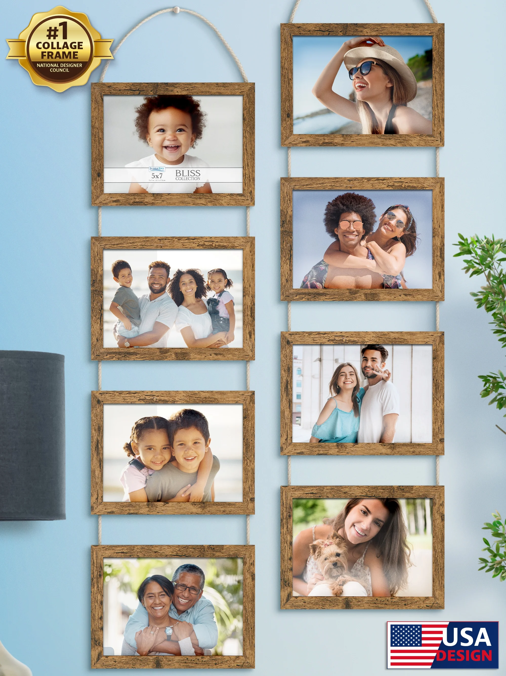 Icona Bay 5x7 Hanging Picture Frames, 4 Rustic Brown Composite Wood Photo Frames, 2 PK, Bliss Collage Frames