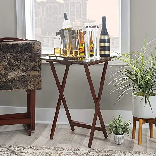 Riverbay Furniture 5 Piece Set Faux Marble TV Tray Table Stand in , 4 Tray Tables & 1 Stand