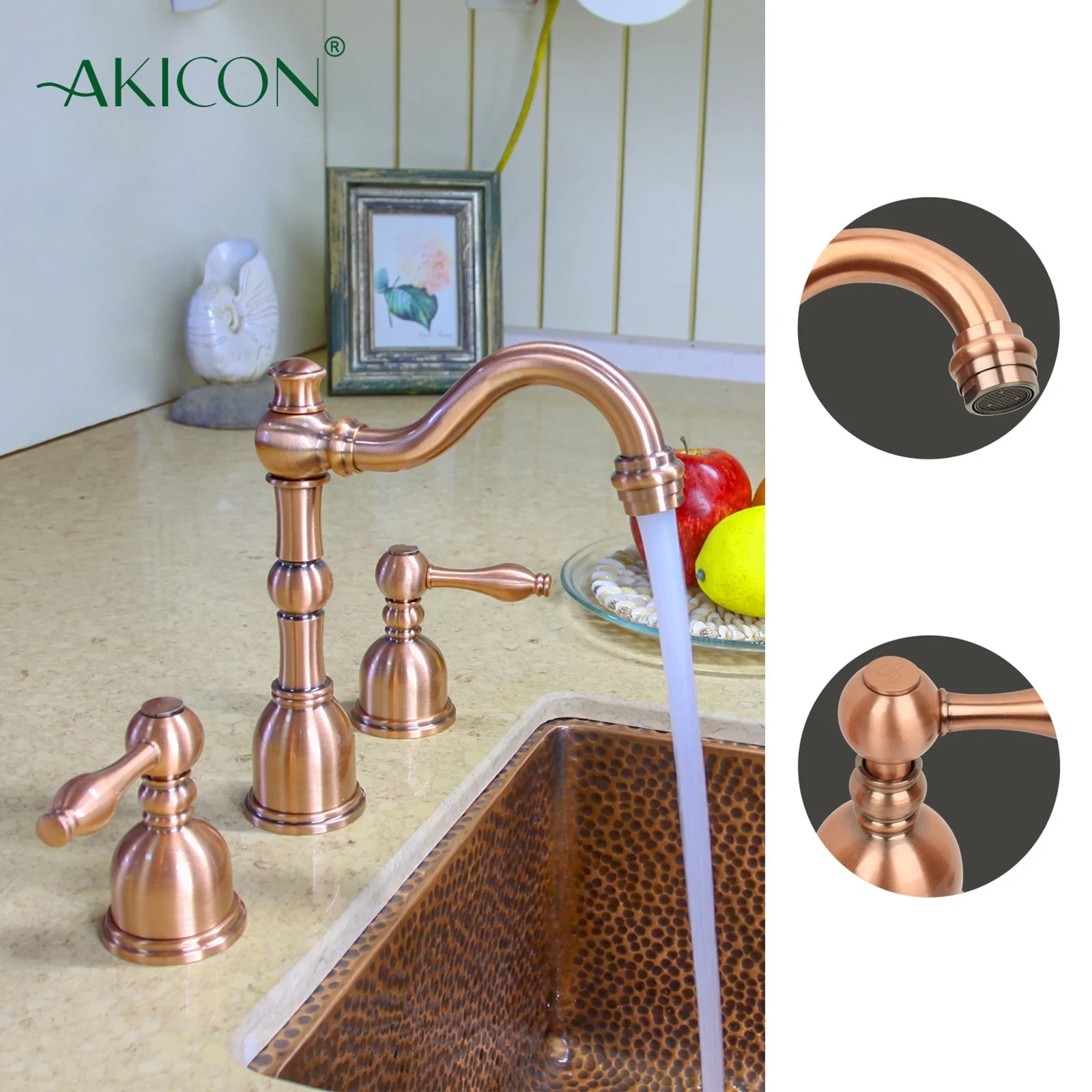 Akicon Widespread Two-handle Copper Bathroom Faucet Copper Copper Finish