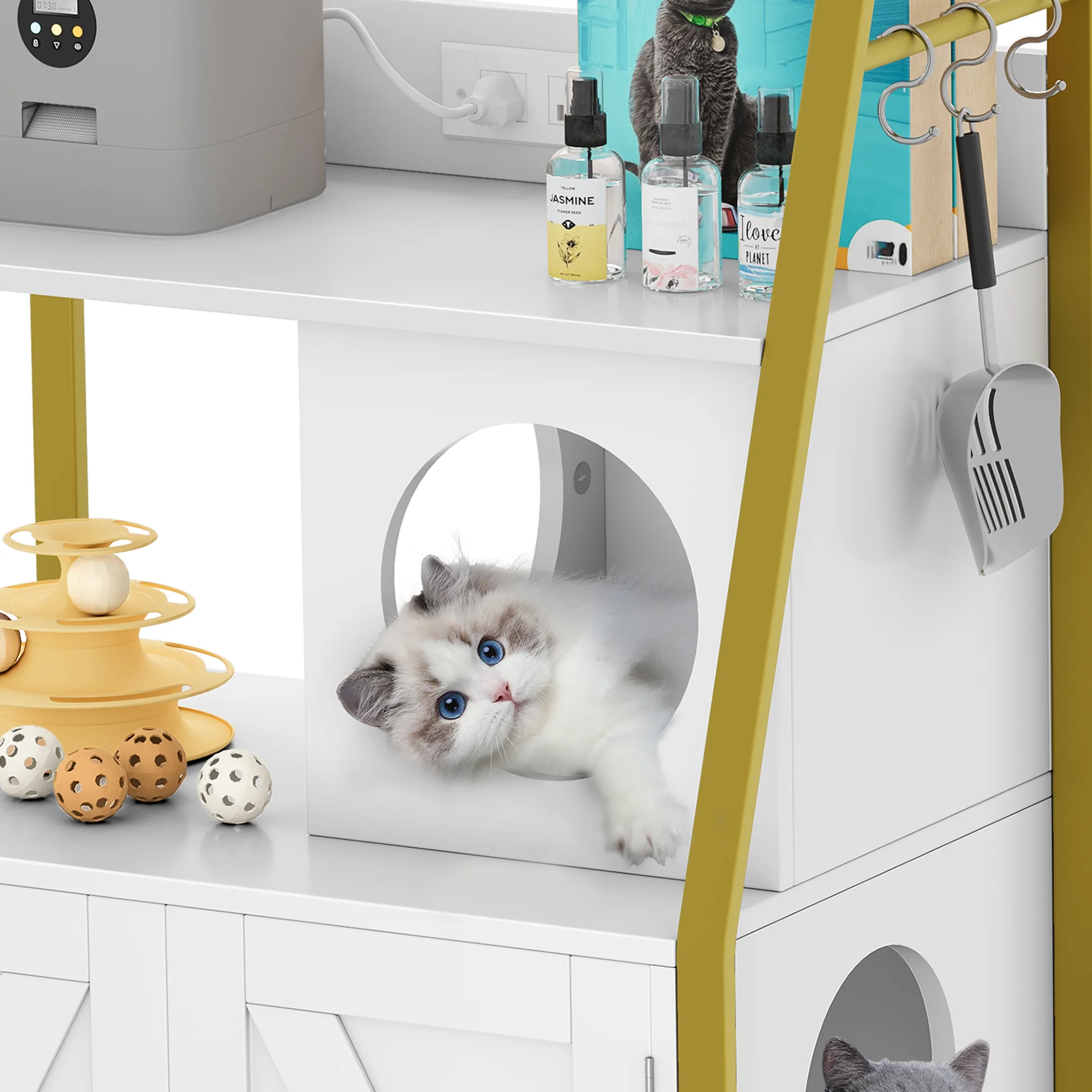 Dextrus Large Hidden Litter Cat Box Enclosure with Charging Station, 3 Shelves and Storage, Indoor Cat Box/House with Cat Tree for Most Litter Box - White & Gold