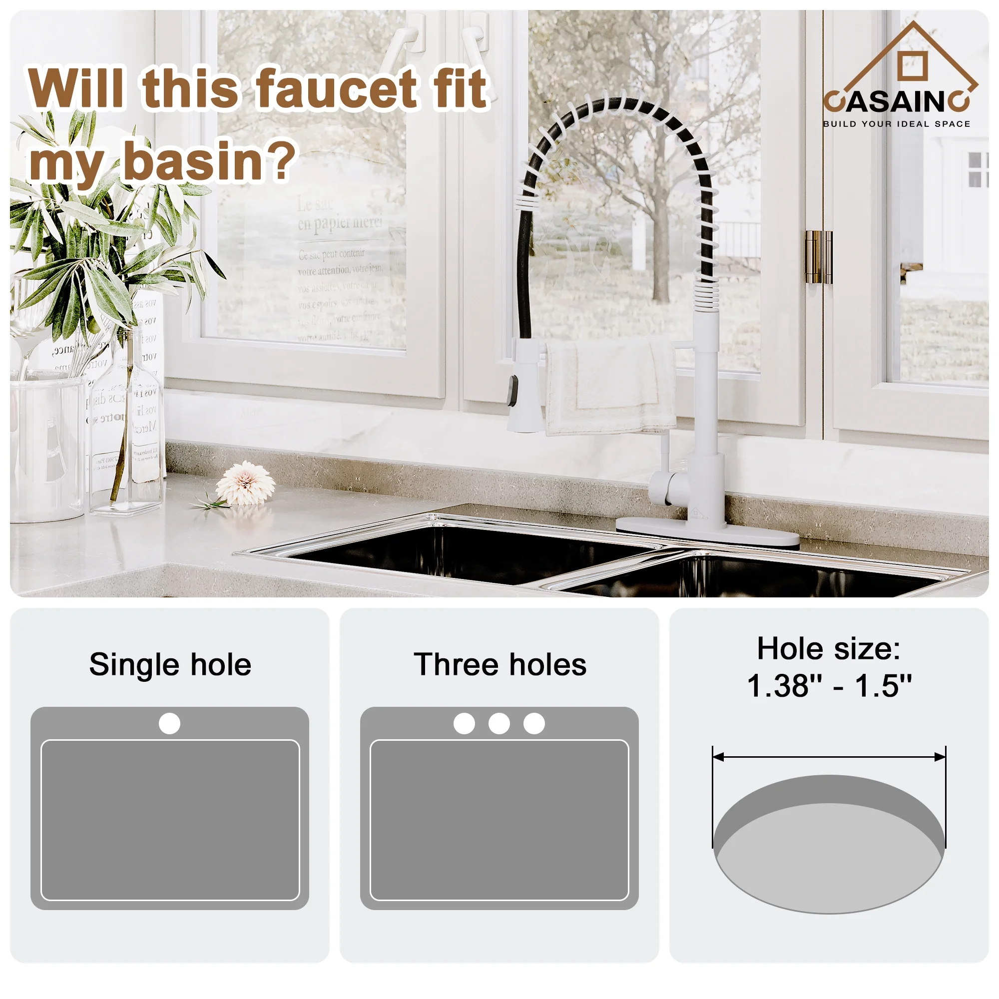 Single Handle Spring Standard Kitchen Faucet Deck Mounted Kitchen Sink Faucet with Dual-Function Sprayhead and Deck Plate in Matte White