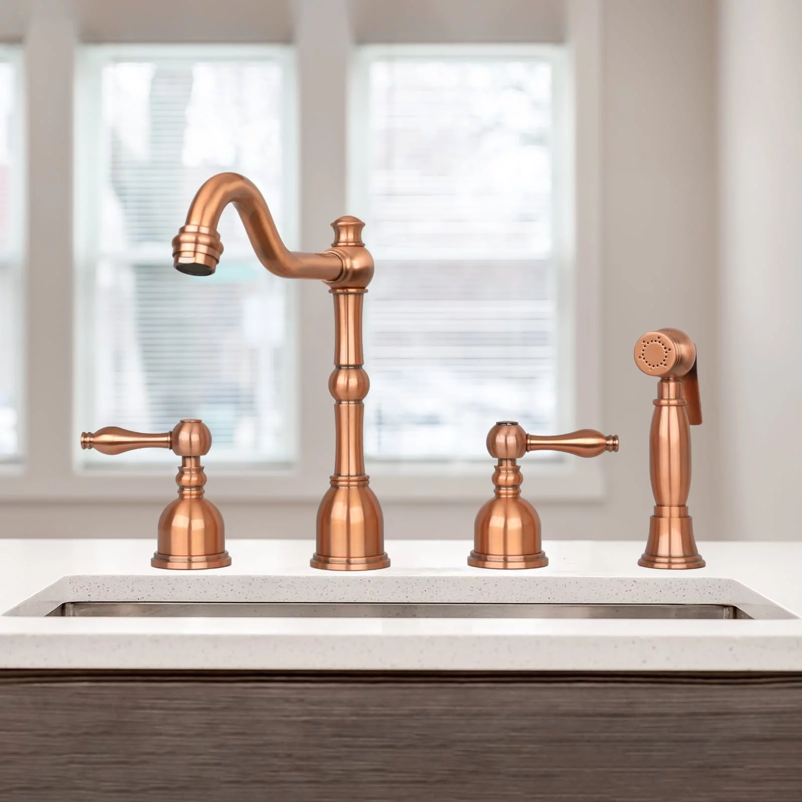 Akicon Two-Handles Widespread Kitchen Faucet with Side Sprayer Antique Copper Copper Finish