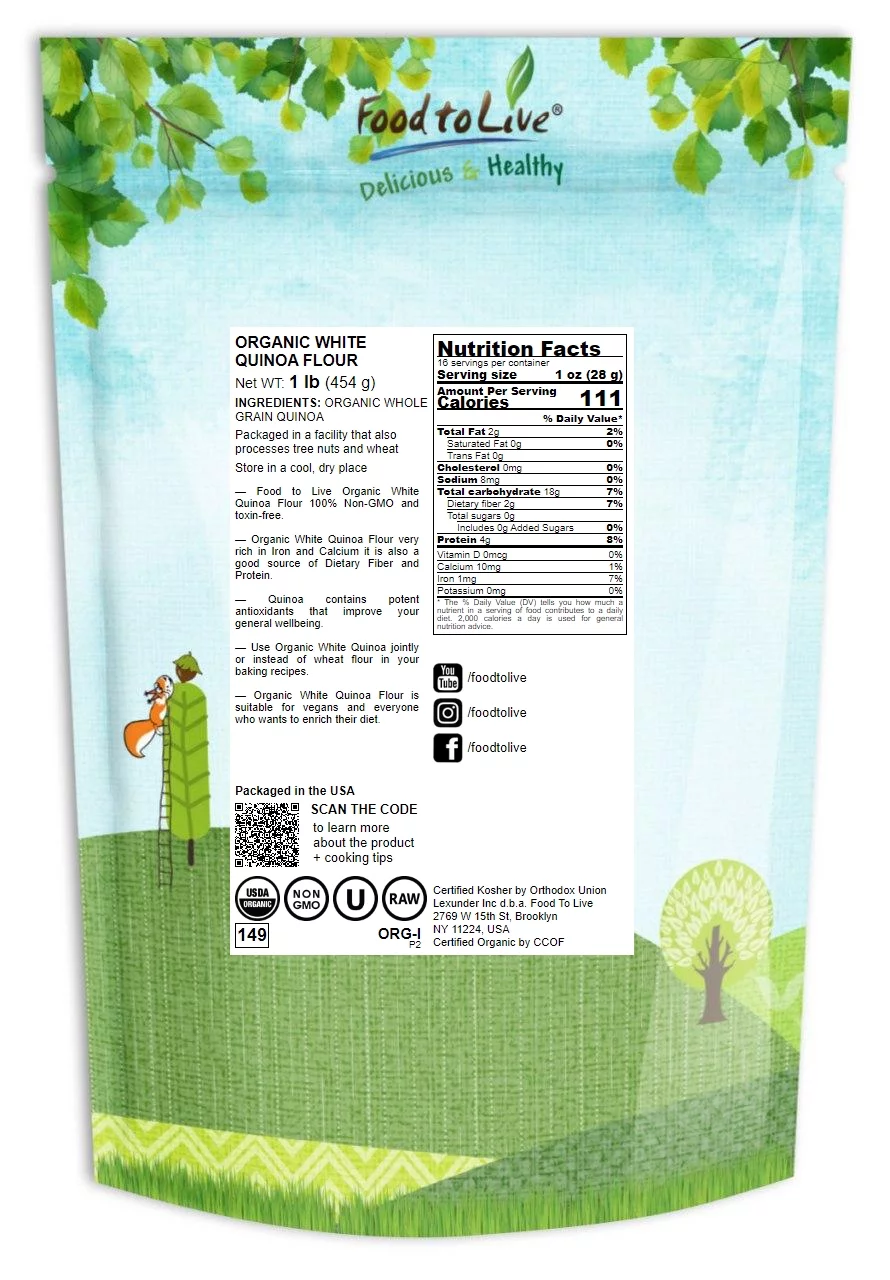 Organic White Quinoa Flour, 1 Pound — Non-GMO, Kosher, Raw, Vegan — by Food to Live