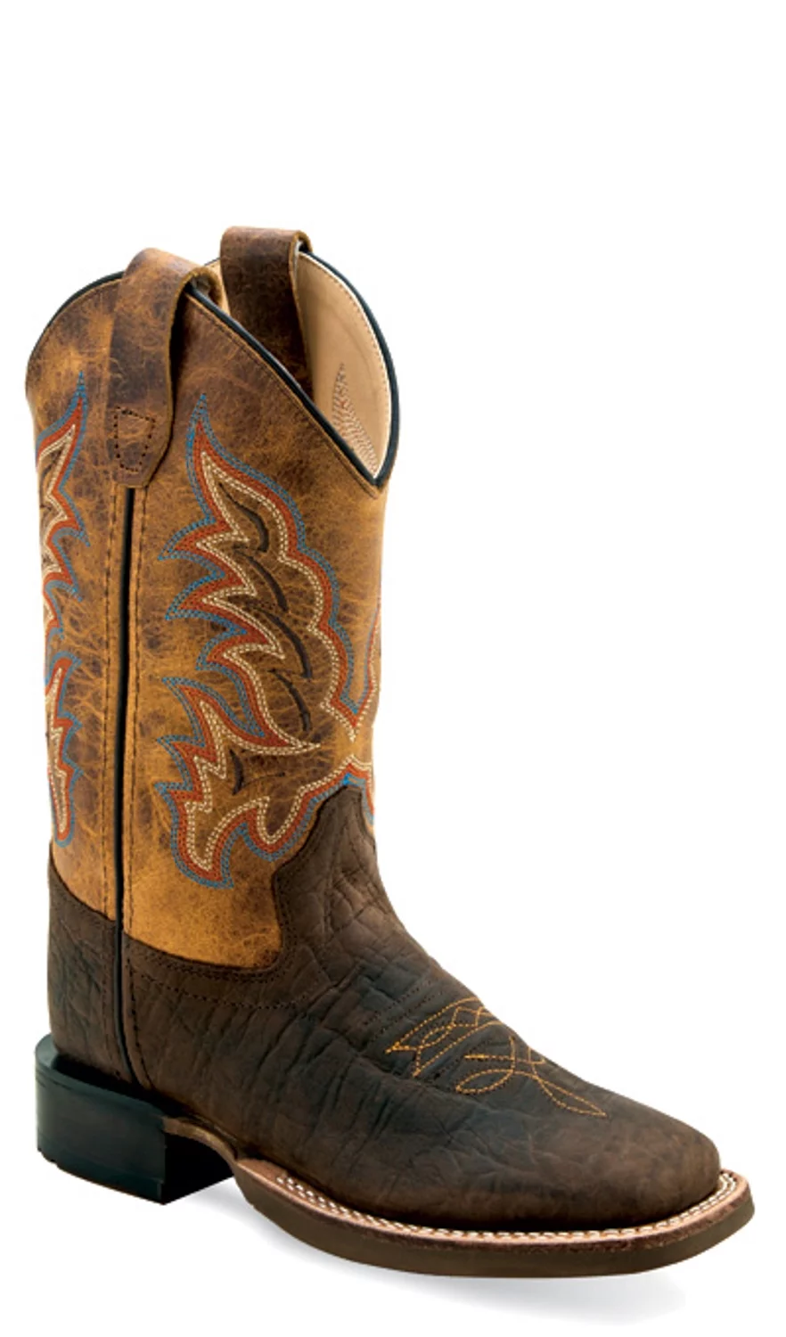 Old West Youth Unisex Broad Square Toe Burnt Dark Brown Leather Cowboy Boots 6.5 D