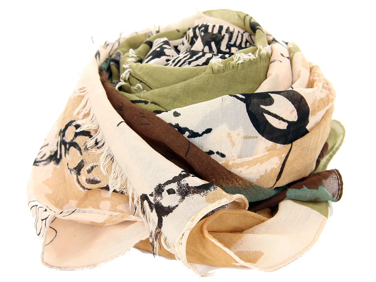 Women's Artistic Print Fringy Polyester Scarf Beige/Green Scarf Wrap 40 x 70 inches