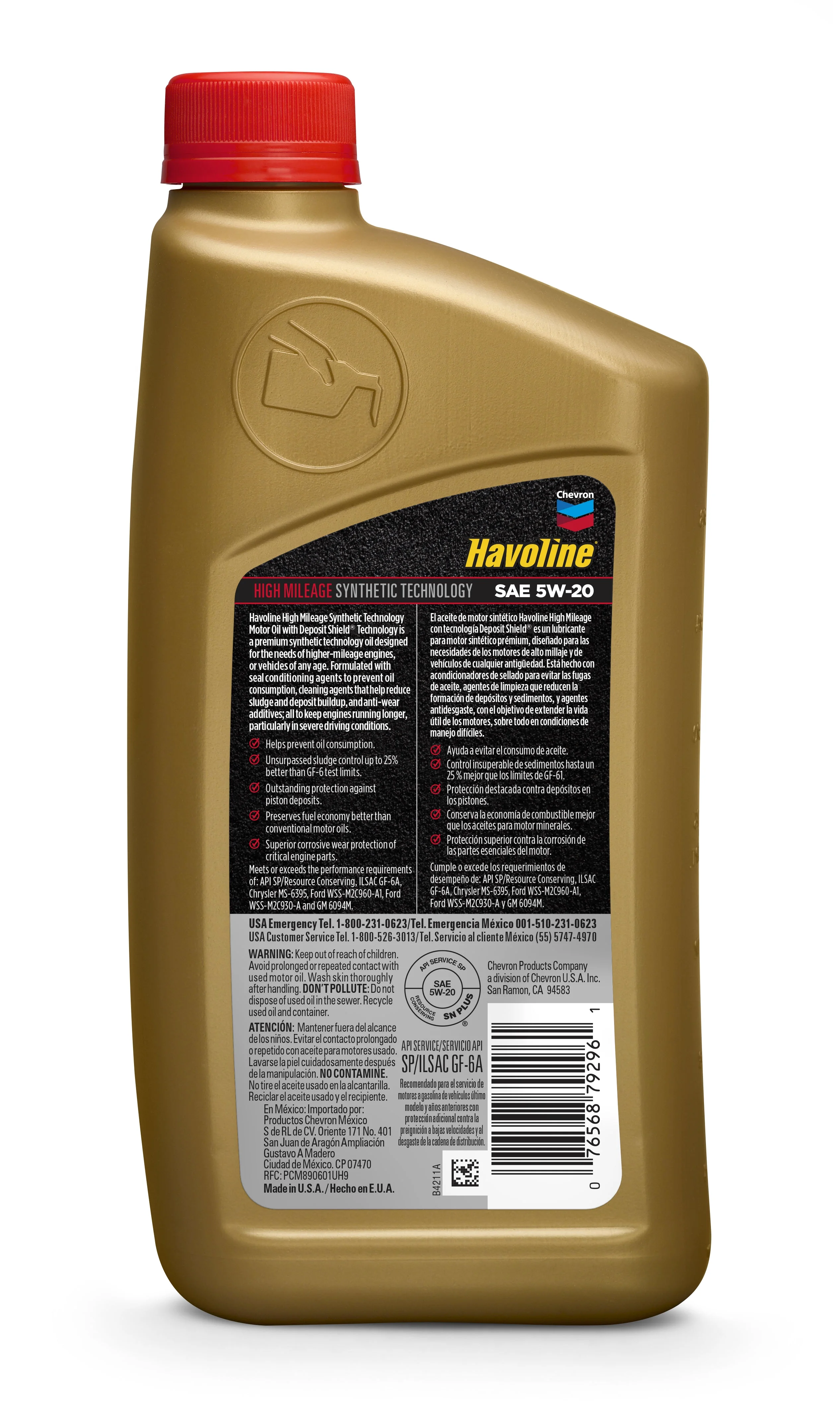 Chevron Havoline High Mileage Synthetic Blend Motor Oil 5W20, 1 Quart bottle