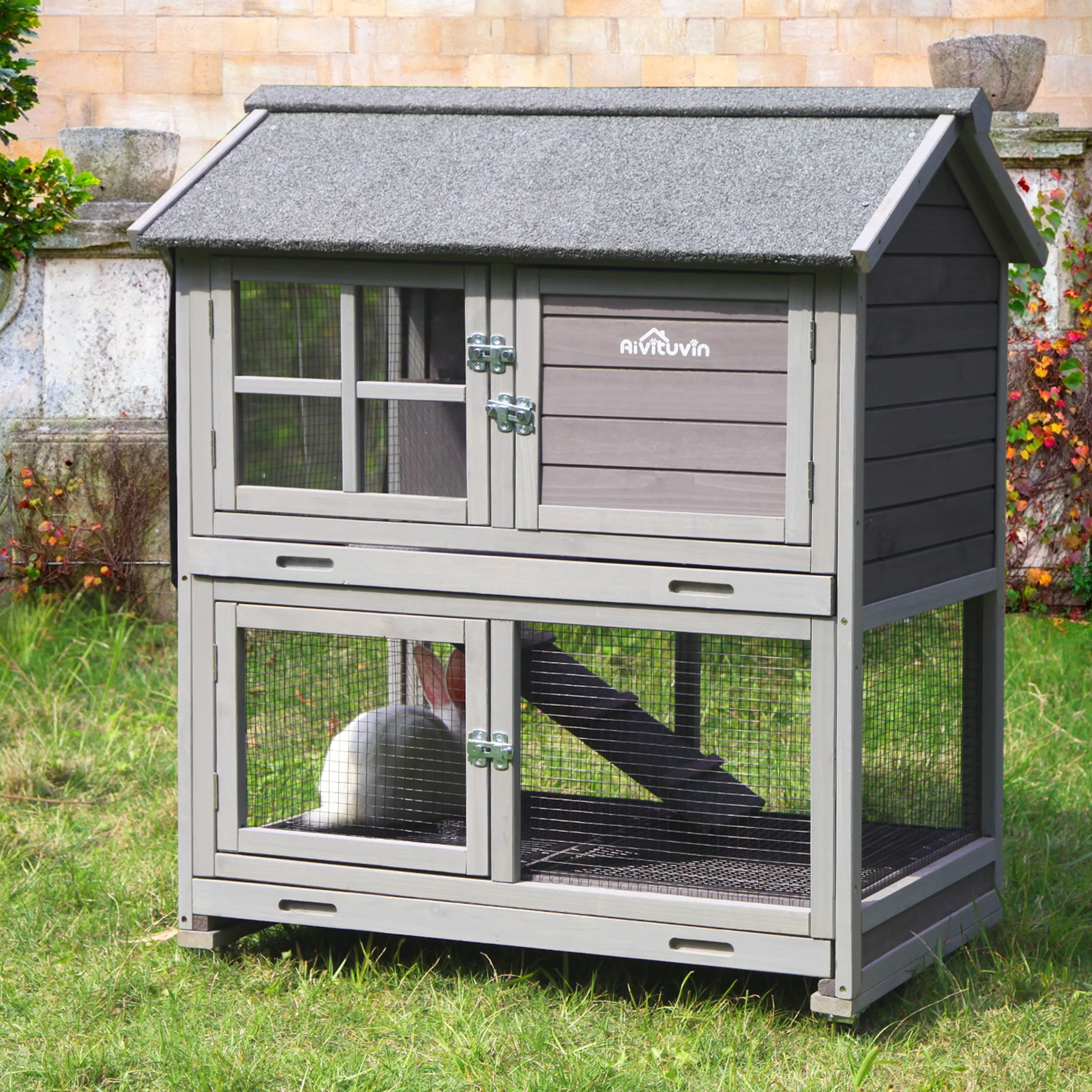 Morgete Outdoor Rabbit Hutch Bunny House with Wheels, Wooden Guinea Pig Cage for Small Animals