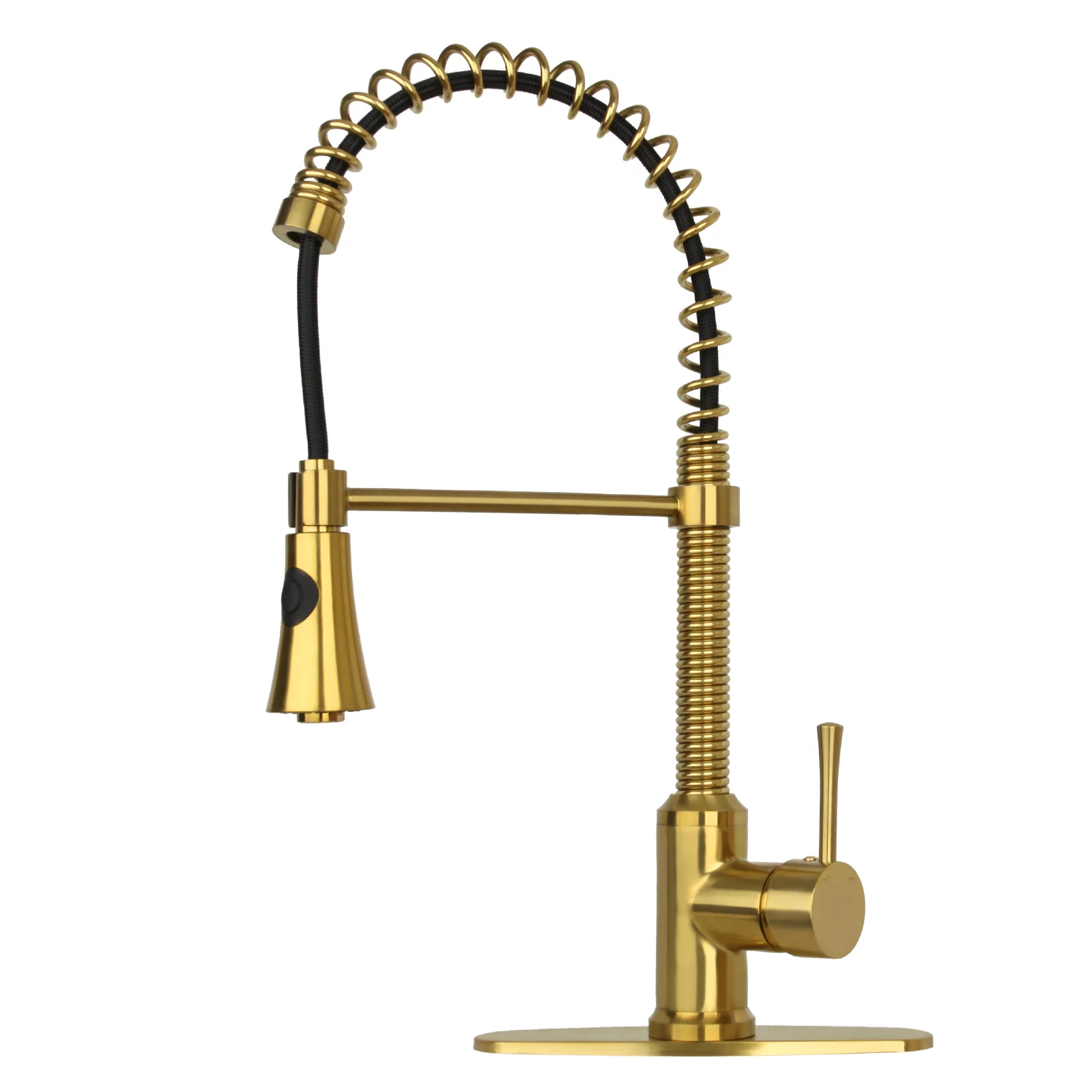 Akicon Pre-Rinse Spring Kitchen Faucet , Single Handle Solid Brass High Arc Pull Down Sprayer Head Kitchen Sink Faucet with Deck Plate - Brushed Gold