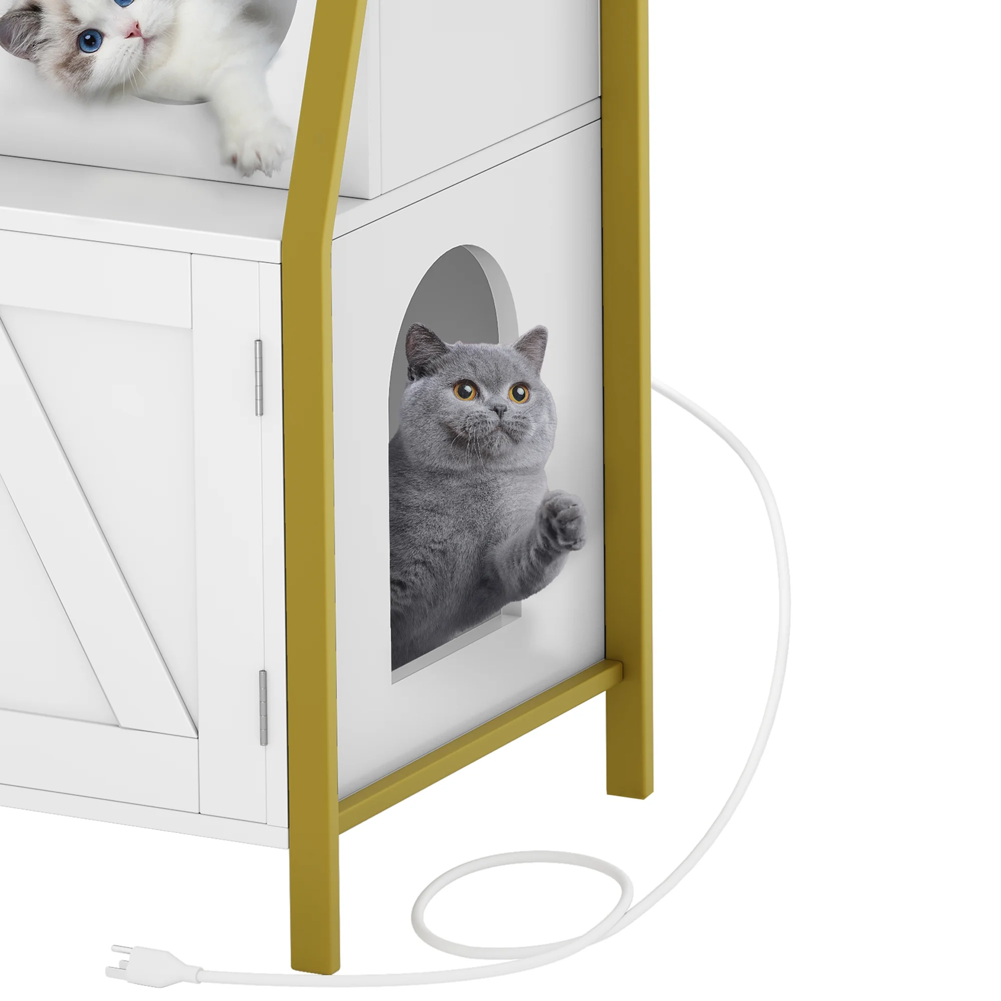 Dextrus Large Hidden Litter Cat Box Enclosure with Charging Station, 3 Shelves and Storage, Indoor Cat Box/House with Cat Tree for Most Litter Box - White & Gold