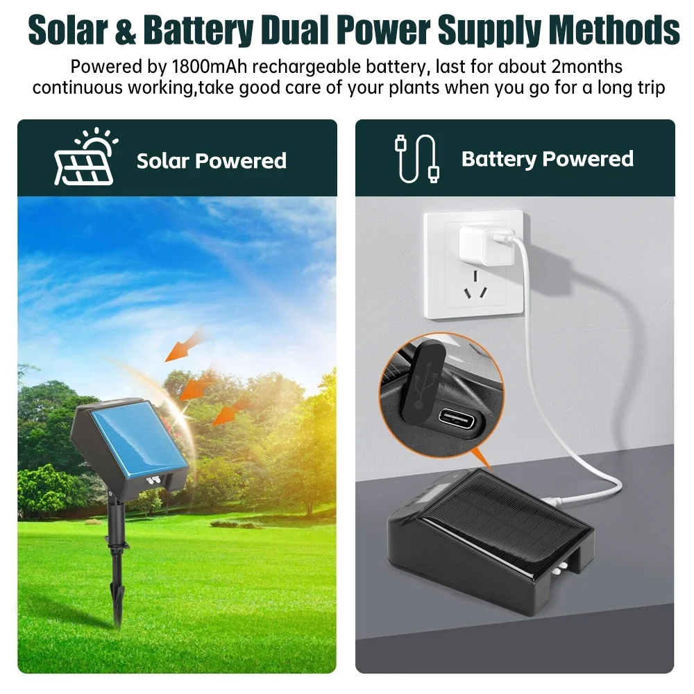 Solar Drip Irrigation System,Indoor Outdoor Automatic Plant Self Watering Devices with 8 Timing Modes, Supported 10-15 Pots